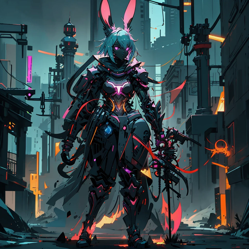 Human artificer wizard, suit with magic circuits with neon details, longsword with magic details, whole rabbit ears, fantasy RPG game, male, dark skin, neon punk, art book, Studio ghibli, post-apocalyptic setting, light magic, light aura, anime style