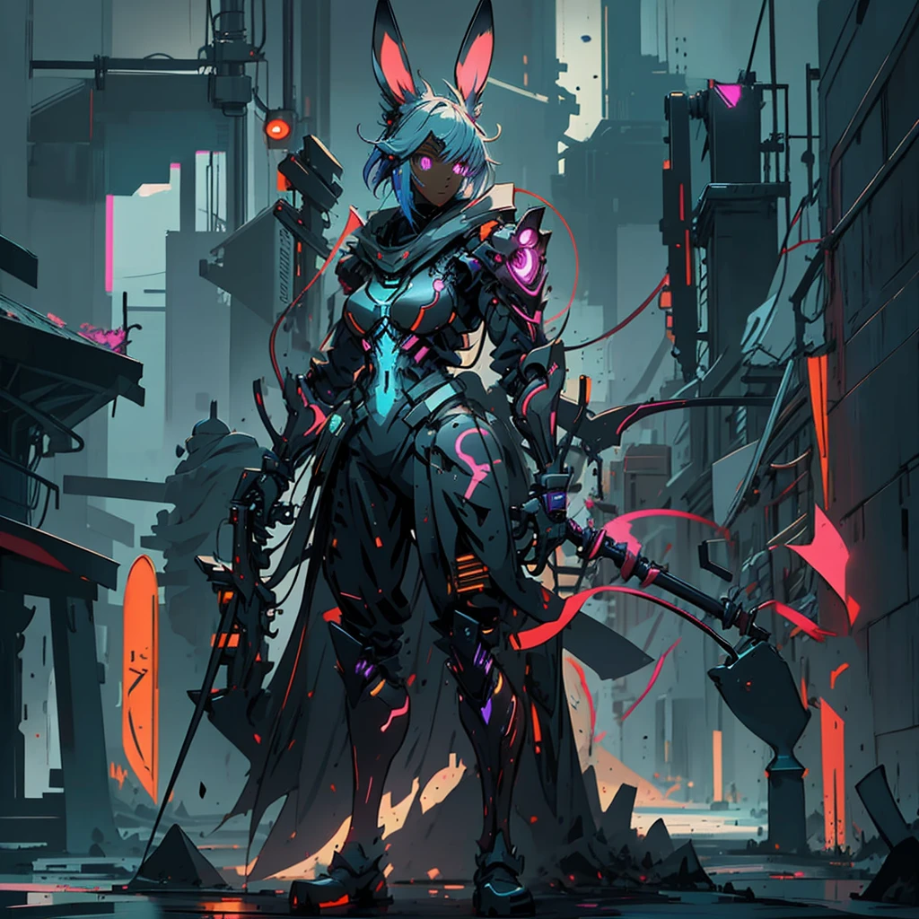 Human artificer wizard, suit with magic circuits with neon details, longsword with magic details, whole rabbit ears, fantasy RPG game, male, dark skin, neon punk, art book, Studio ghibli, post-apocalyptic setting, light magic, light aura, anime style