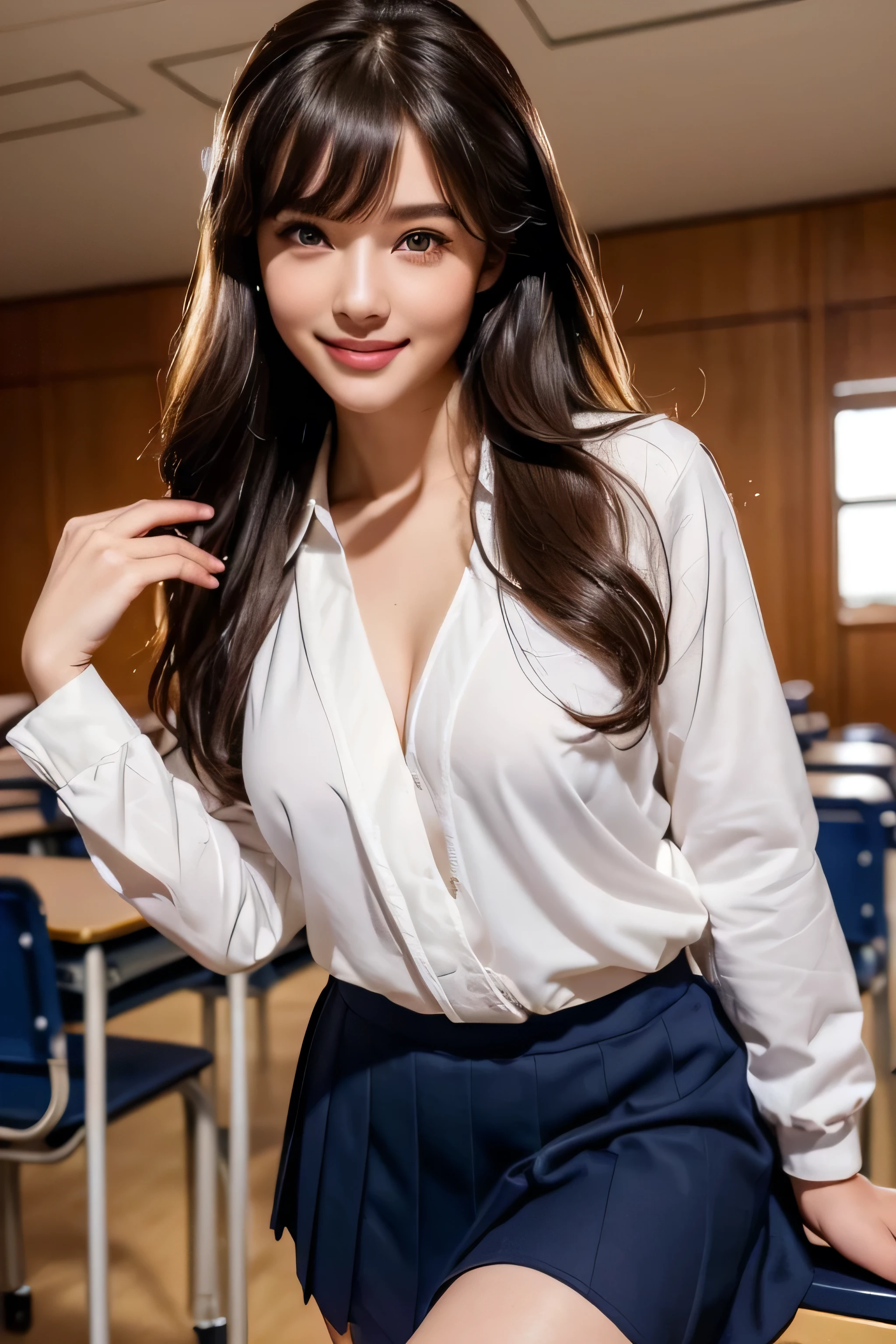 Beautiful detailed face、Pale skin、Realistic glowing skin、Detailed cloth texture、Detailed hair texture、Perfect body、Beautiful Face、correct、Anatomically correct、 Highly detailed face and skin texture、Natural neck length、(Beautiful Hands)、(Fair skin:1.2)、Thin legs、Thin legs、 Break Fine Eyes、Symmetrical eyes、Light brown eyes、double eyelid、Thin eyebrows、(Glossy Lips:1.4)、((Gentle smile:1.2))、(blush:1.1)、 break (Elegant and cute girl:1.3)、Medium chest、(Slim body type:1.1)、Toned Abs、Beautiful clavicle、 (Dark Blonde、Wavy Hair、Long Hair:1.2)、 ((Asymmetrical bangs:1.2))、((In the classroom at night school:1.4))、(Cowboy Shot:1.2)、Side view:0.65、Information masterpiece, 最high quality, high quality, High resolution, Beautiful Face、(Realistic Face)、Realistic eyes、Beautiful fine details、Realistic Skin、Beautiful Skin、Ultra-realistic、Very detailed、Beautiful lighting、Sharp focus、Mr.々A pose、超Detailed face、Fine details and hair、Brown Hair、Long Hair、Beautiful Hairstyles、Detailed face、Exposed breasts、Cleavage、((Face close-up))、Full Body Shot、((Full figured supermodel standing, Full body in frame))((A shy smile:1.5)), ((wearing High School Uniform:1.4))、((wearing student clothes、Long sleeve sailor suit worn by Japan 、blue cuffs、Dark blue mini pleated skirt, white socks、Black loafers))),((wearing High school girl in sailor uniform:1.3)