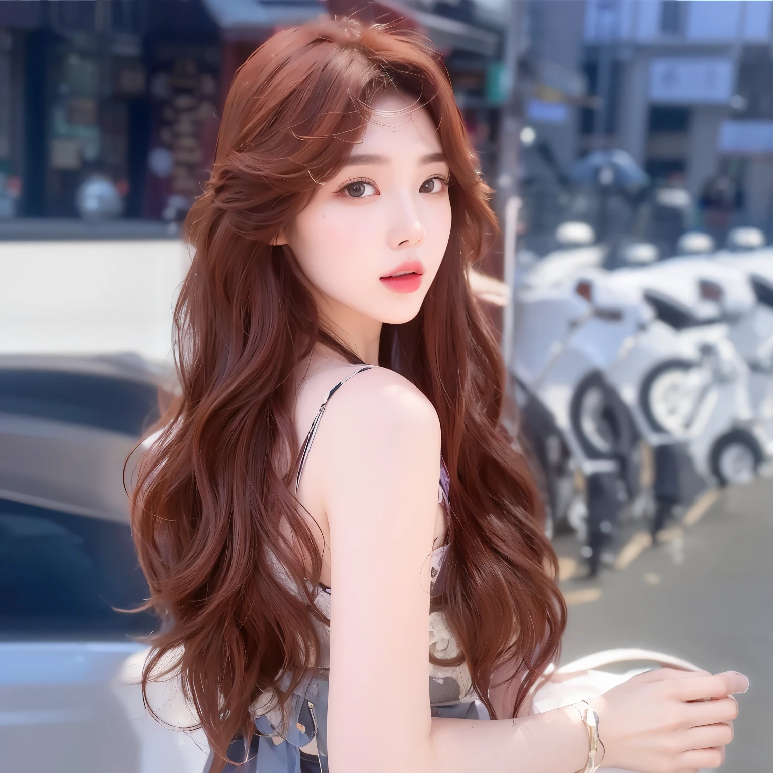 masterpiece, best quality, Girl with reddish-brown hair,Side-to-side lens,Hairstyle with bangs,Long curly hair,红色Long curly hair,20 years old,Chinese Girl,Sweet girl,a girl,Exquisite facial features,