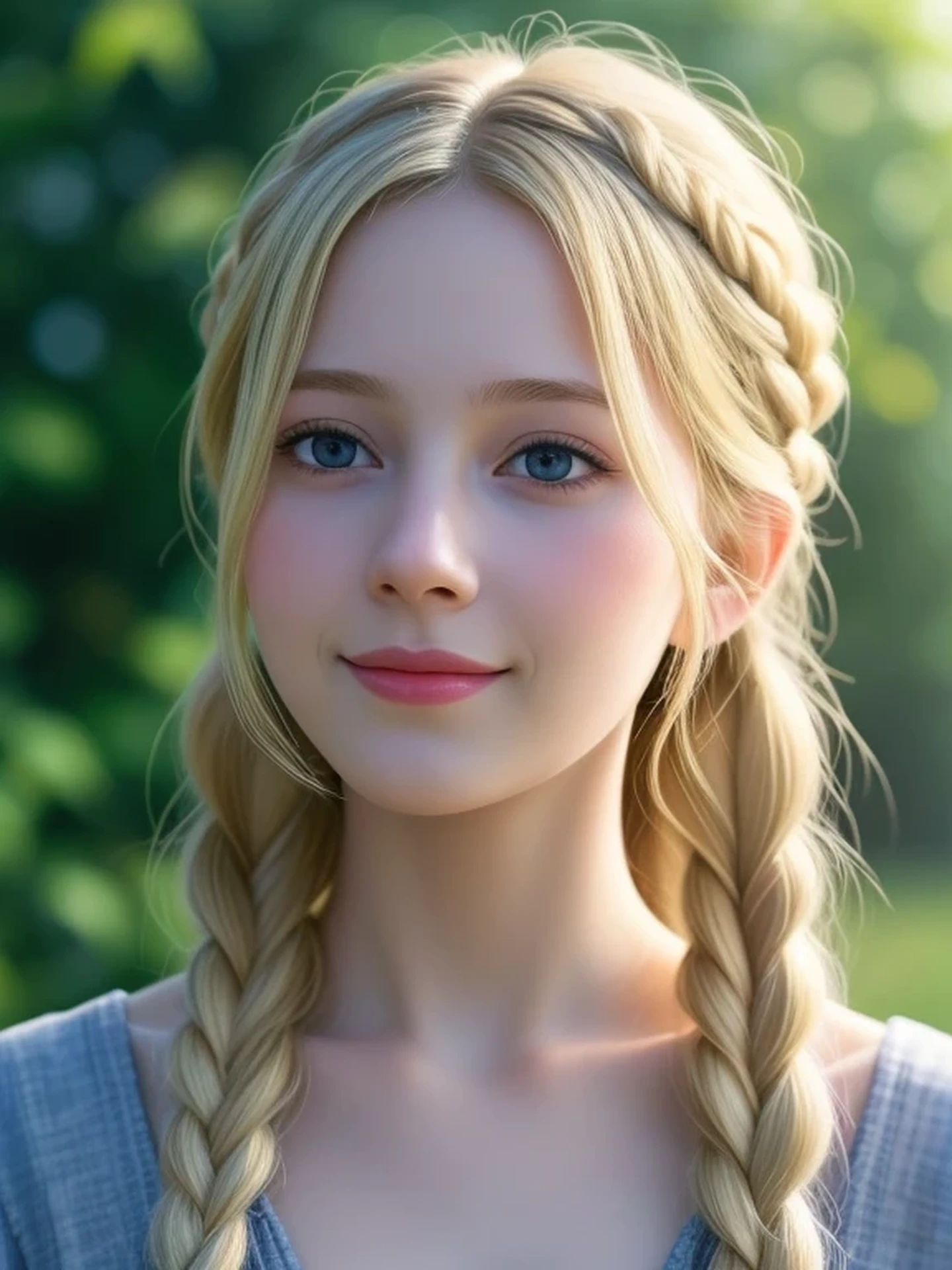 (looking away:1.4), Realistic digital painting of a woman portrait, Shy, Cute Smile, blue eyes, braid hair, (Soft Blonde Hair:1.3), (Highly detailed skin:1.2), Mystical style, Global Illumination,