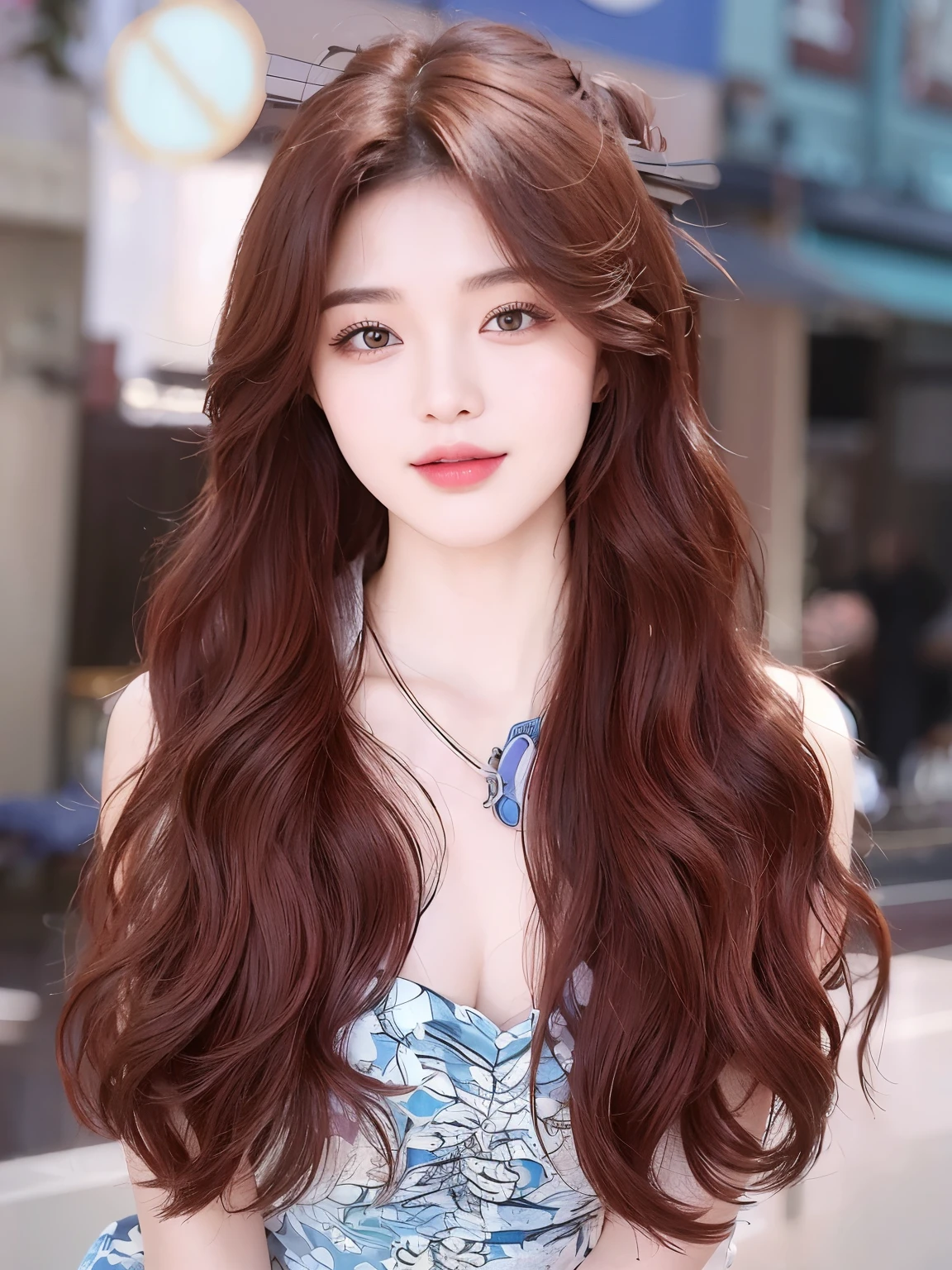 masterpiece, best quality, Girl with reddish-brown hair，Facing the camera，Hairstyle with bangs，Long curly hair，红色Long curly hair，20 years old，Chinese Girl，Sweet girl，a girl，Exquisite facial features，