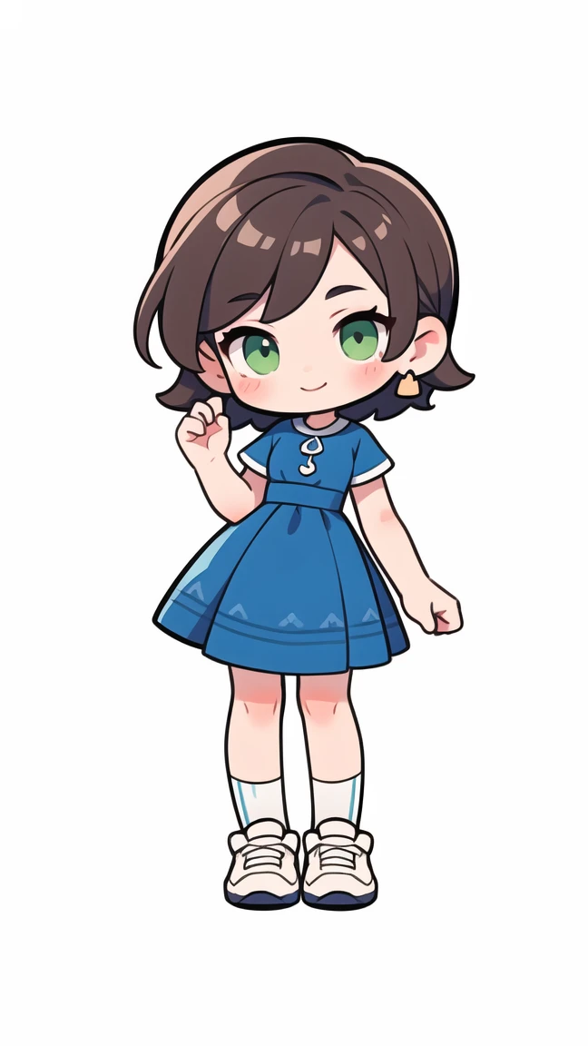 simple chibi style drawing of a cute  smiling doing a straight pose standing, hands not showing in the drawing, hands hidden in the drawing, wearing a blue dress and white sneakers, brown hair and green eyes, chibi style full body