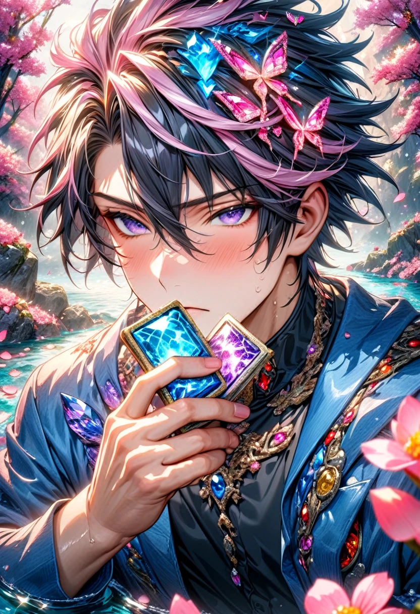 absurdres, highres, ultra detailed, HDR, master piece, best quality, Fudo Yusei, black hair, expressive purple eyes, Yu-Gi-Oh, solo, man, handsome, blue jacket, black shirt, water, pink flowers, pink blossoms, pink butterflies, pink petals
