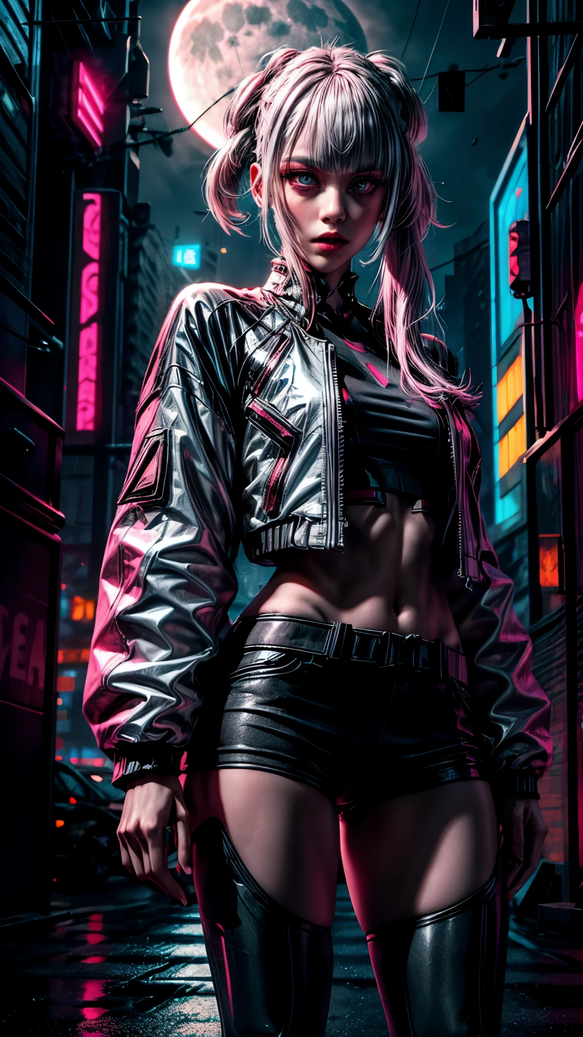 lucy \(cyberpunk\), 1girl,  hair scrunchie, hime cut, silver hair, colored tips, full moon, grey eyes, jacket, long sleeves, looking at viewer, medium hair, multicolored hair, parted bangs, parted lips, pink hair, portrait, red eyeliner, red lips, solo, white jacket, cyberpunk \(series\), rainy night in a cyberpunk city with glowing neon lights

 