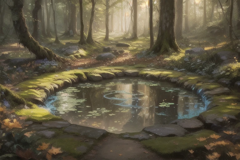 There is a pond in the middle of the mossy forest, Mystical Forest Lagoon, Magic forest background, fantasy forest background, fantasy forest background, Magic forest background, Peaceful Elf Forest, Elf forest background, Fantasy forest scenery, Anime Rush John 8k Forest, Fantasy forest environment, Mysterious forest background, Enchanted magical forest, Magical environment, Magic forest in the background