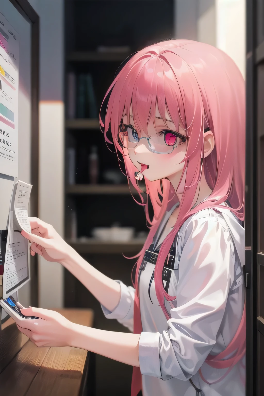 (Tabletop:1.0), (highest quality:1.4), (High resolution:1.2), From the side,Sharp contours, boyish, highest quality, masterpiece,Glasses,Voice of the Heart,yandere,Browsing Caution,nude,facial,Excessive ,Chest to chest,Upper Body,Ecstasy,saliva,blush,Heterochromia iridis,Colorful Hair