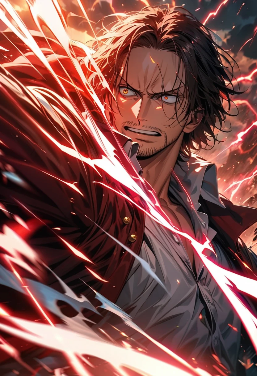 absurdres, highres, ultra detailed, HDR, masterpiece, extremely detailed face and eyes,Shanks, Red, One Piece, solo, man, handsome, ,white shirt, , Epic fight scene, red lightning effect, glowing glitters