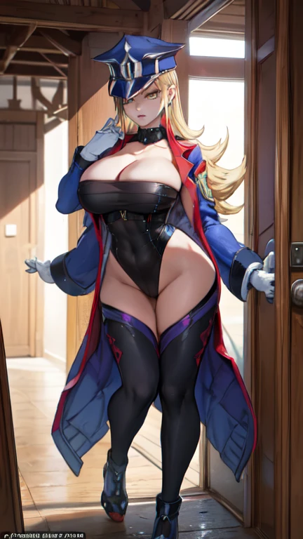 MiraKamiunten, streaked hair, earrings, military hat, white gloves, huge breast, cleavage, spiked collar, leotard (masterpiece, highest quality, best quality, official art, beautiful and aesthetic: 1.2), (1girl), extremely detailed, (fractal art: 1.3), colorful, highest detailed, perfect face, HDR, bright colors, huge breasts, detailed face, detailed eyes, perfect face, perfect eyes, (full body),
