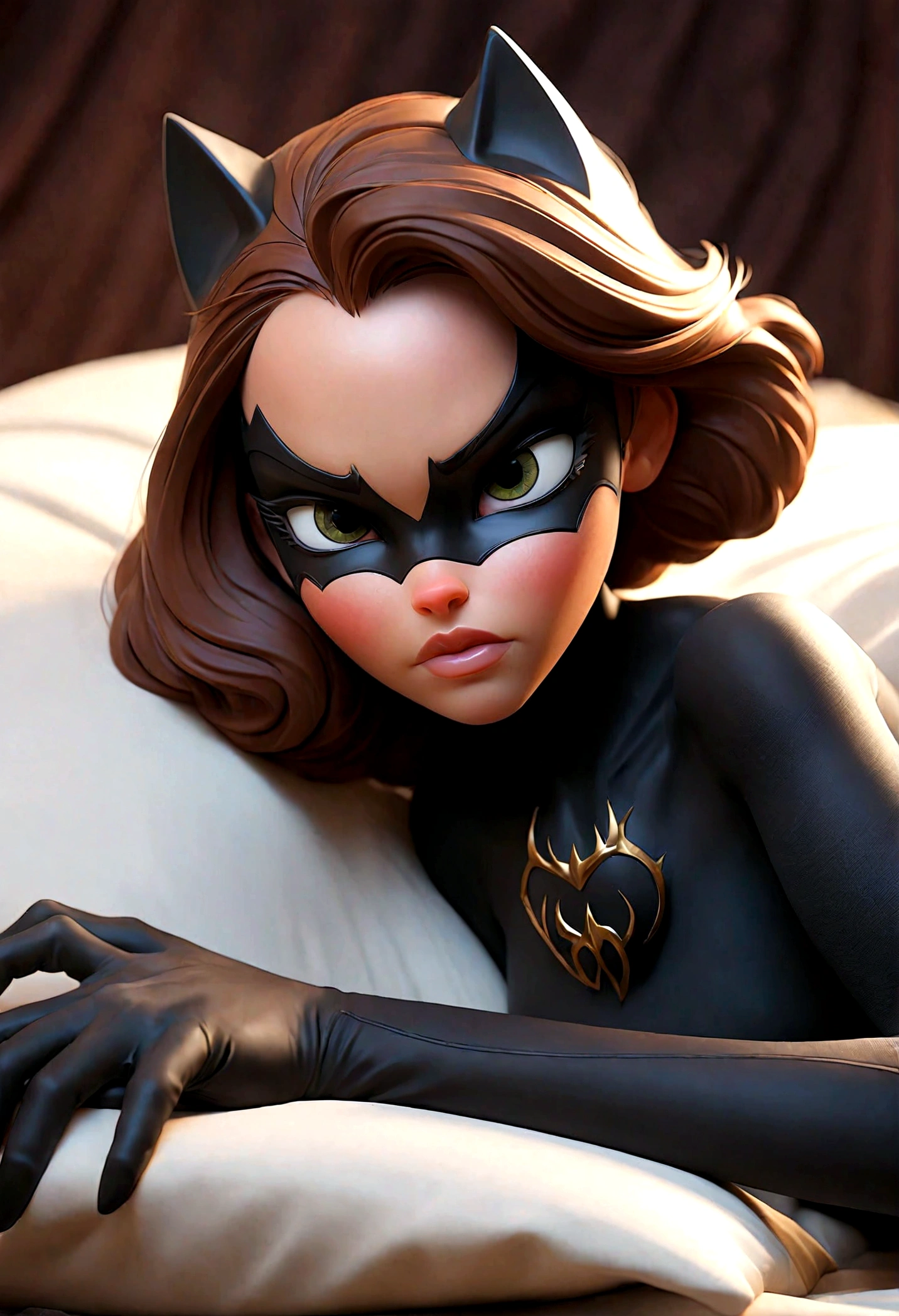 Tori Black lace catwoman heavy black eye shadow long black eyeliner black outfit incredible and fantastic face mask sharp claws posing on a sensual bed fierce expression dark ambience