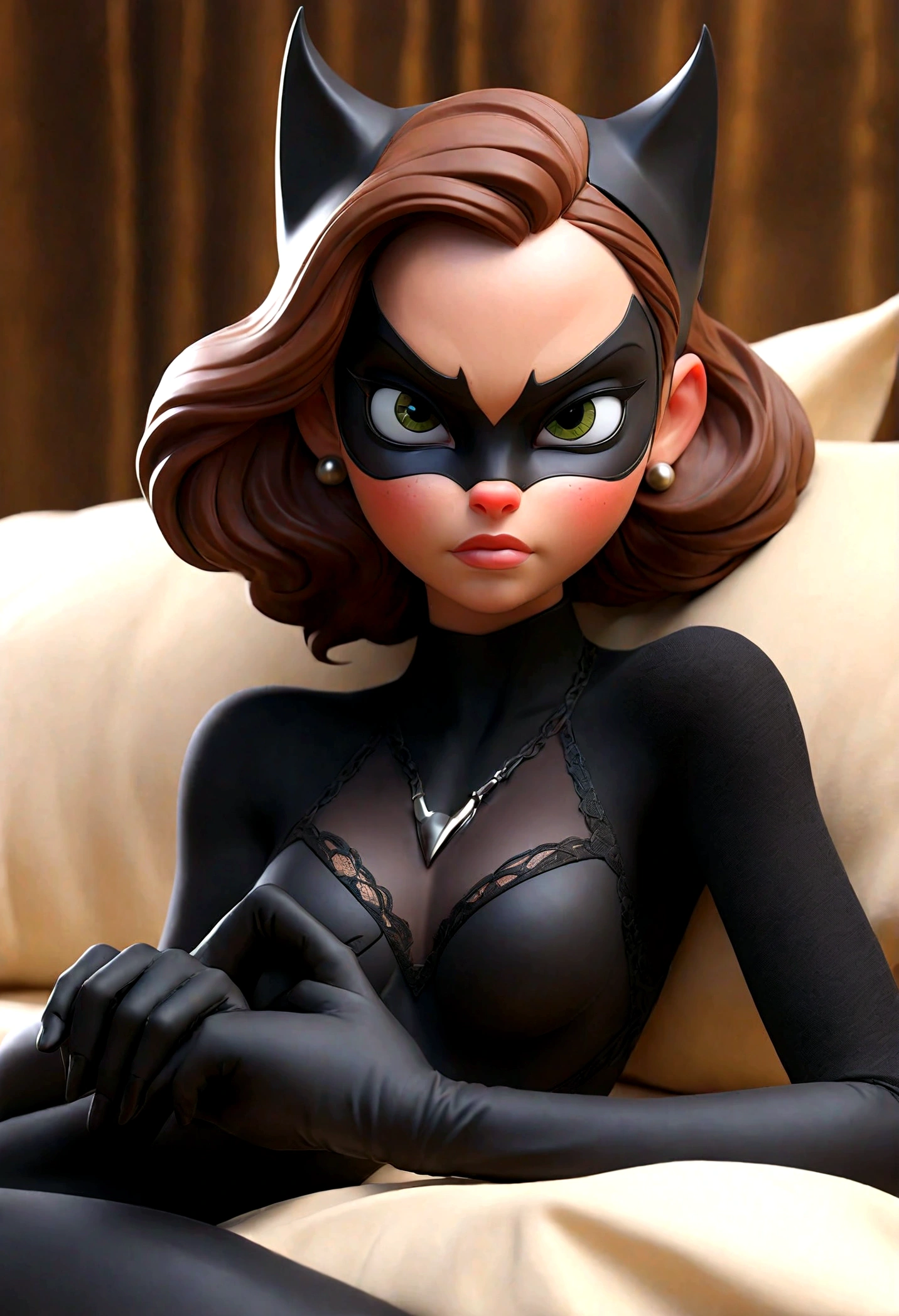 Tori Black lace catwoman heavy black eye shadow long black eyeliner black outfit incredible and fantastic face mask sharp claws posing on a sensual bed fierce expression dark ambience