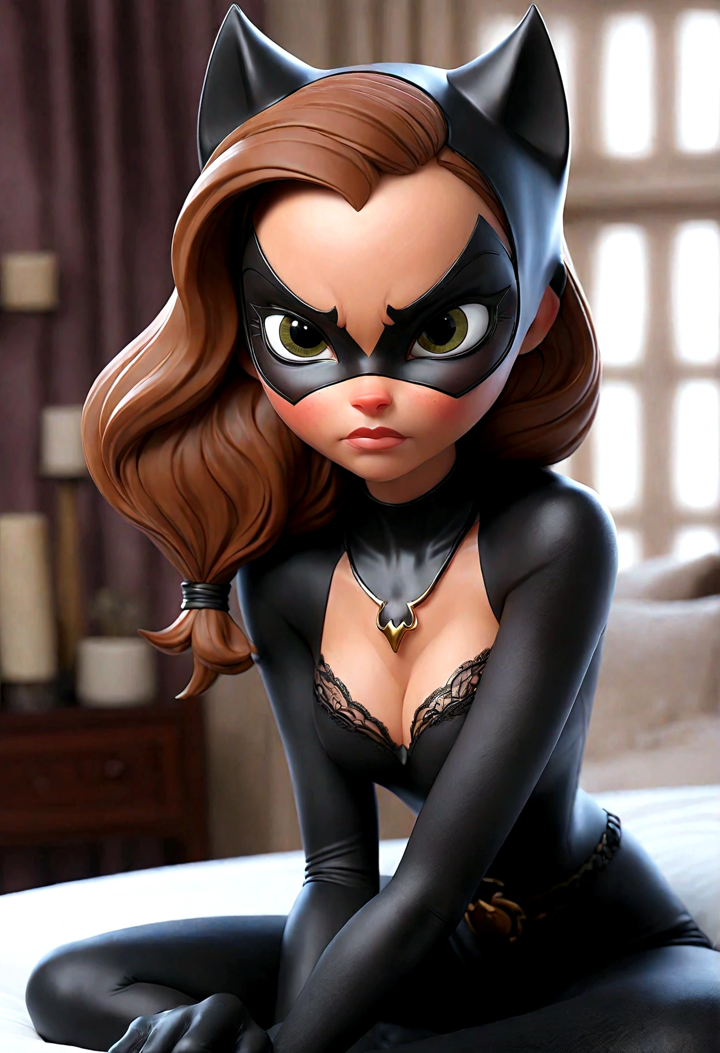 Tori Black lace catwoman heavy black eye shadow long black eyeliner black outfit incredible and fantastic face mask sharp claws posing on a sensual bed fierce expression dark ambience