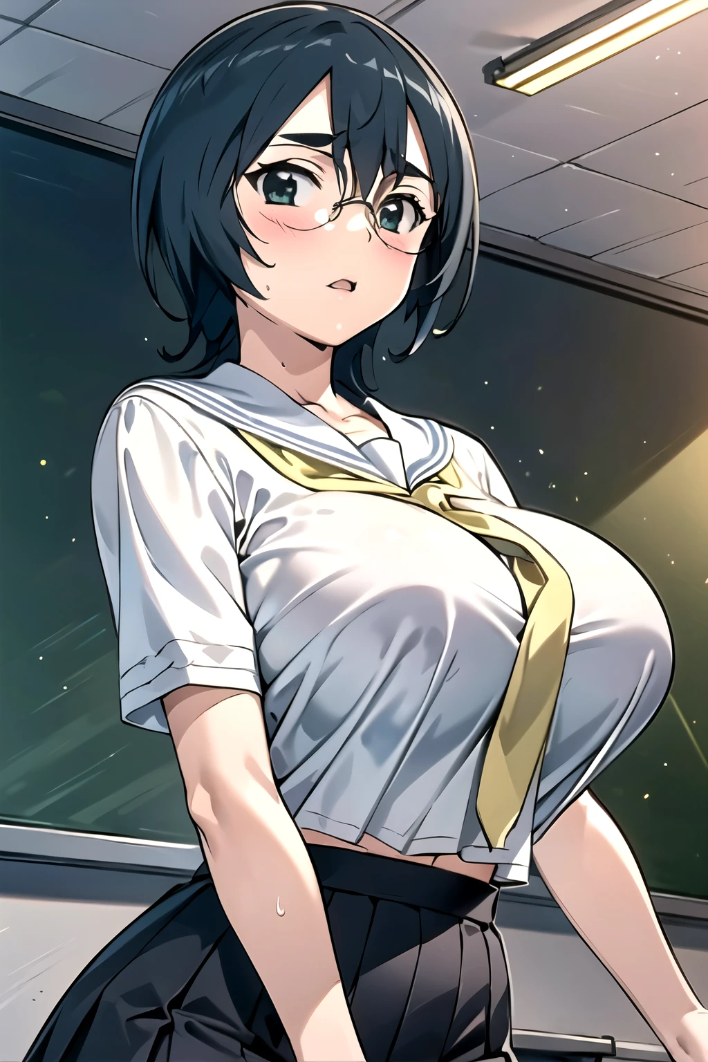 solo, 1girl, looking at viewer, flat colors, 2D, anime, anime coloring, upper body,indoor,classroom, miharu mikuni, , serafuku, yellow neckerchief, parted lips, looking at viewer, girls,Busty junior high sstudent,(lar,huge breast,(round breast),busty,full bust,slender,skinny body,ample breast,Ample breasts,(A chest that protrudes forward:1.2),(Narrow waist:1.3),Troubled face,Sweat,blush,excited,from below,Swollen breasts