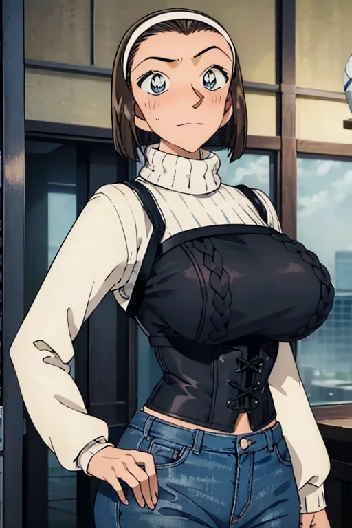 masterpiece, 16k, Japanese, 1 female ,60 years old ,(((White long sleeve warp knit sweater:1.5,Wear a black bustier:1.2))) ,shoulder strap、(Big Breasts:1.5) , Realistic, double eyelid, Textured skin, 1080p, Canon, 8k, Very detailed, Accurate, highest quality、impatience、Sweat:1.5、blush、Embarrassed face、smile、(Tight waist、Big Ass)