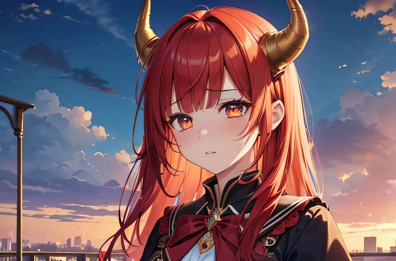 (masterpiece, top quality, best quality, official art, beautiful and aesthetic:1.2), (1girl:1.3), extremely detailed,(fractal art:1.2),colorful, highest detailed, parted lips,wallpaper, red hair, gold eyes, horn, bangs, (sad, sadness expression, sadness face), school outfit, (cowboy shot), in rooftop school, looking out