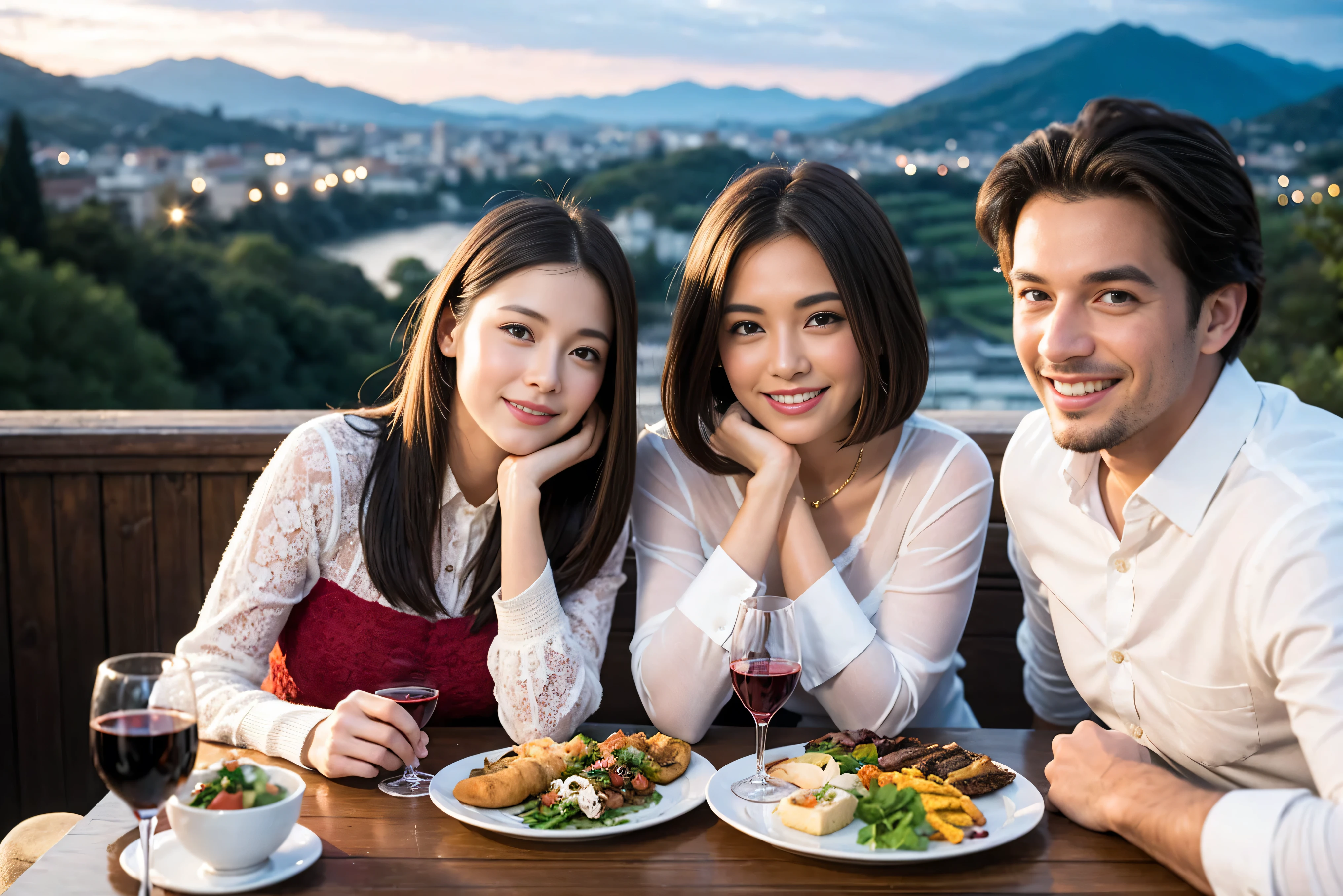 ((highest quality、8k、masterpiece:1.3))、1 male 1 female、spouse、Beautiful couple、smile、 (Slim face), (the body is スリム), (Brown Hair), (Shortcuts), ((Bob Hale、Straight hair:1.2)), Wine glass on the table、Please shine a light on my face、 Amazing view of the sunset sky and clouds、Amazing mountain views、The beauty of a smile、Bright image、Blushing, Shortcuts,Bright Face、 (42 years old), 39 years old, red wine 、Appetizers、Italian food、Wine bottle、Champagne、sparkling wine、Long sleeve shirt、dress、Attractive beauty、restaurant, Nova Frog Style, actress, model, Upper Body, White wine, red wine, wine glass, 