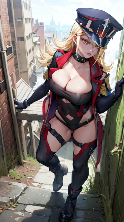 streaked hair, earrings, military hat, white gloves, huge breast, cleavage, spiked collar, leotard (masterpiece, highest quality, best quality, official art, beautiful and aesthetic: 1.2), (1girl), extremely detailed, (fractal art: 1.3), colorful, highest detailed, perfect face, HDR, bright colors, huge breasts, detailed face, detailed eyes, perfect face, perfect eyes, (full body),