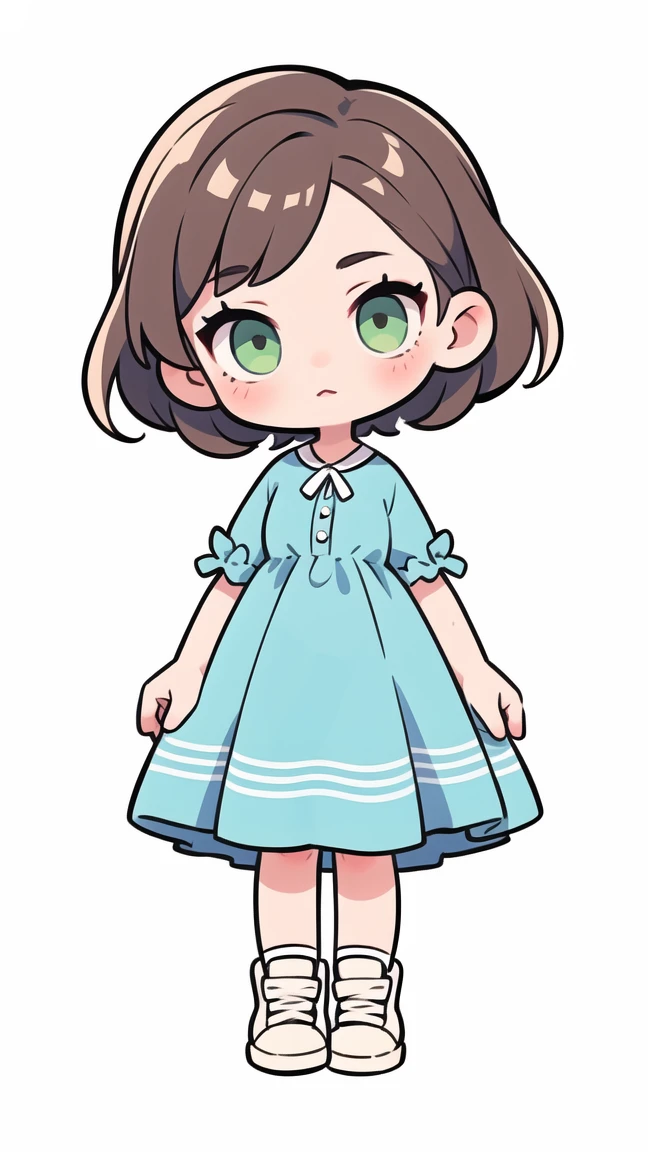 simple chibi style drawing of a cute girl wearing a blue dress and white sneakers, brown hair and green eyes