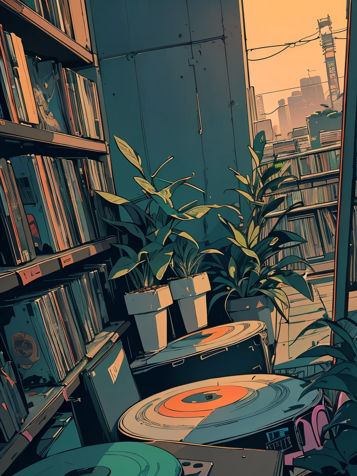 extreme quality, masterpiece, unity 8k wallpaper, depth of field, ultra detailed,high-resolution, (((unattended))), (((record store))), nostalgia, panorama, long shot, (((records on the shelves.))), (((Various angles))),(((Plants))), (((cyberpunk interior decoration))), (((neon))),(((front view)))