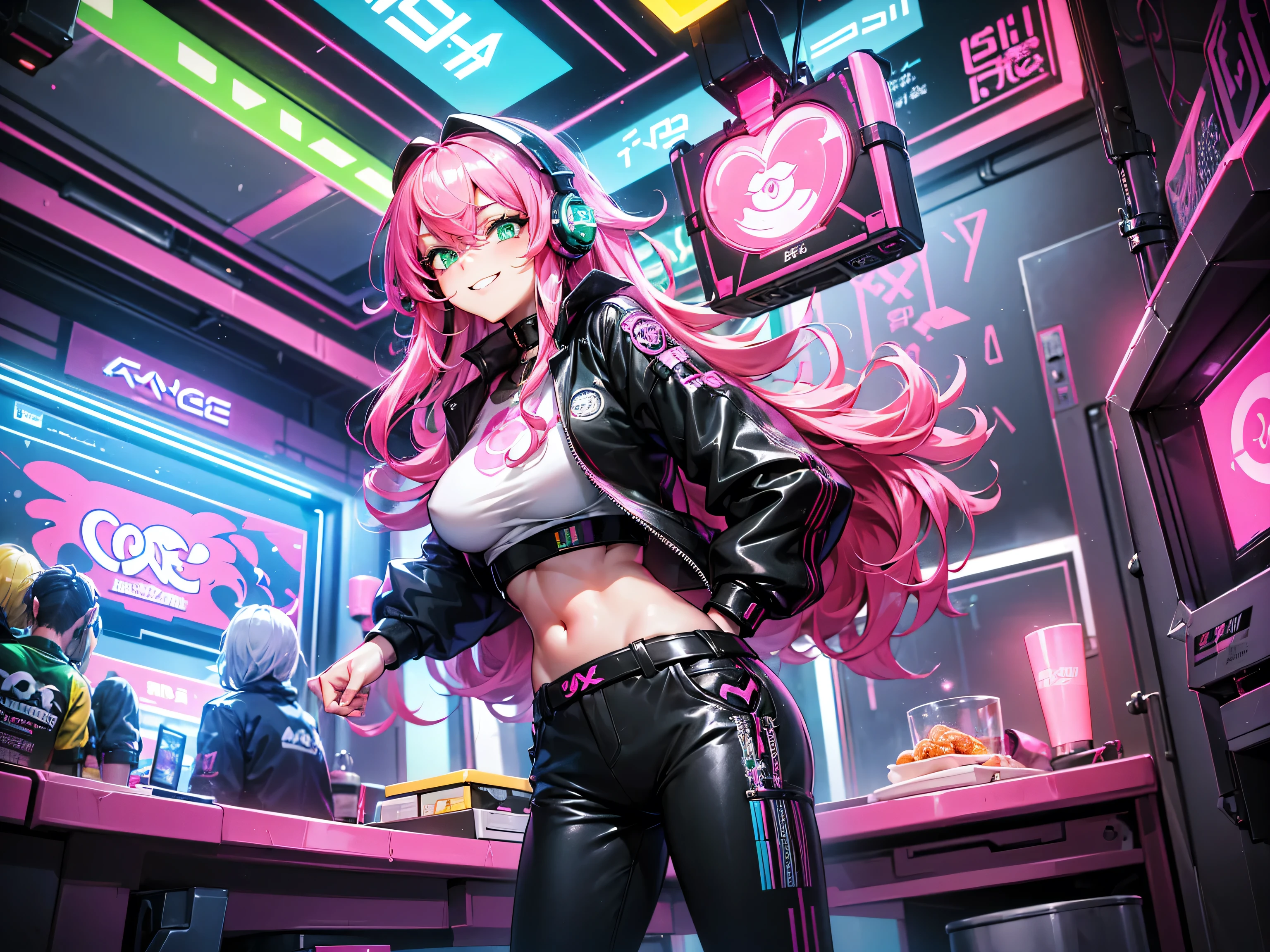 masterpiece:1.4, 1girl ((20year old, dressed in long sleeve shirt, tight black shorts, sneakers, medium breasts, multicolor pink hair, curly long hair, perfect model body, green eyes:1.4, Wearing headphones, looking up, happy, smiling, flirting, inside an arcade, arcade machines, neon lighting and colorful, futuristic club, futuristic and exciting atmosphere)) ((solo))