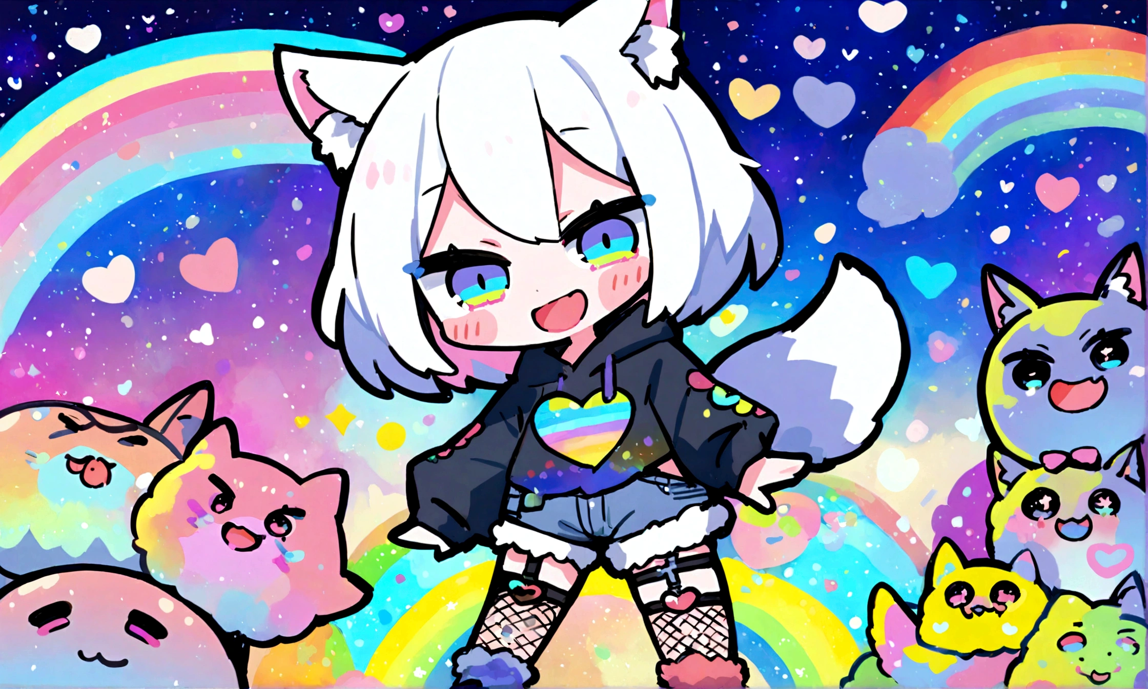 a cute chibi style adult male with wolf ears, white hair, has a wolf tail, wearing a loose cropped oversized black hoodie, wearing a pair of denim short shorts and fishnet stockings, thick thighs, wide hips, dancing on mound of fluffy multi colored kawaii plushies, short, very slim, showing slender tummy, heart on hoodie, squishy thighs, has glowing blue eyes. alone, solo (ALONE)(SOLO), surrounded by rainbows, colorful galaxy backround, big happy open mouthed smile on his face