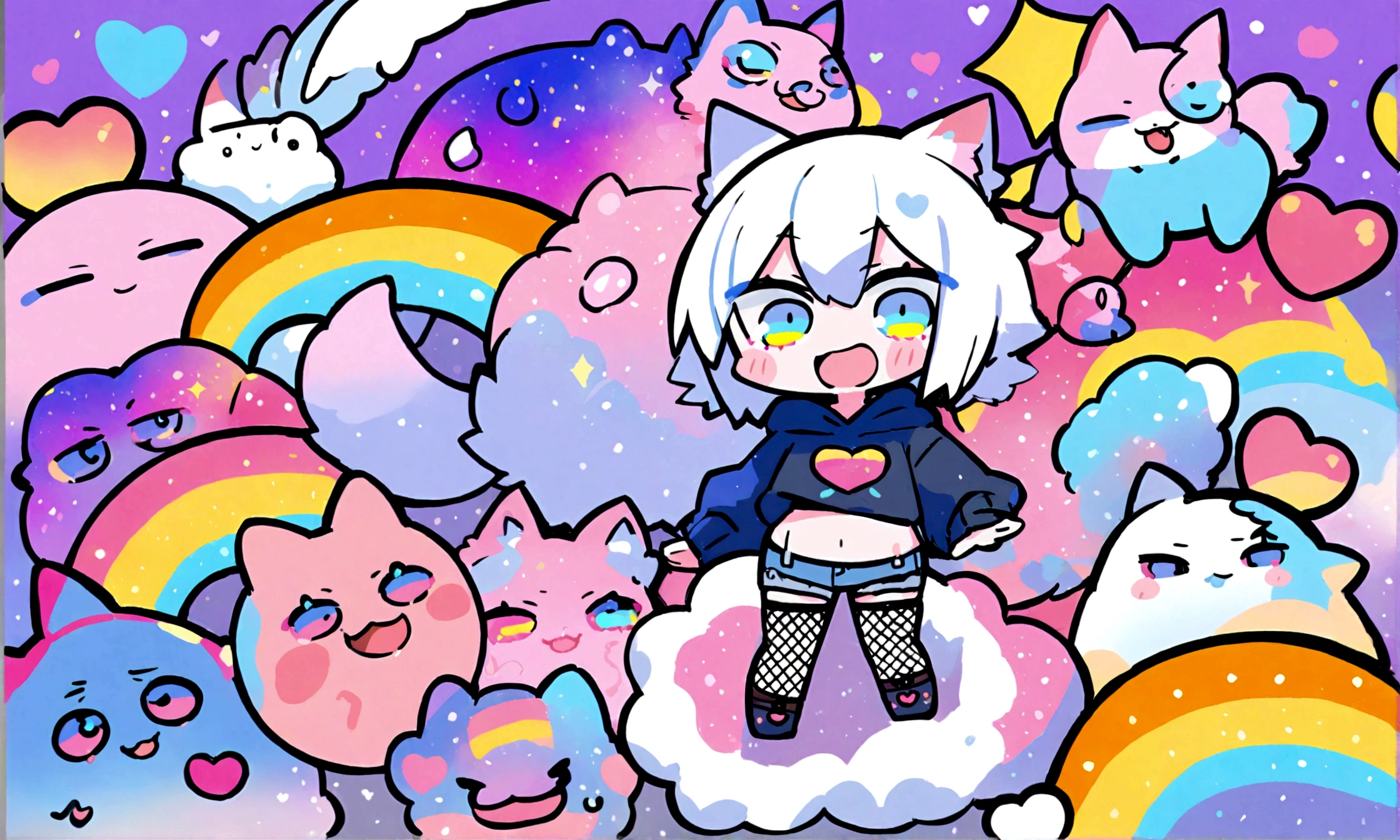 a cute chibi style adult male with wolf ears, white hair, has a wolf tail, wearing a loose cropped oversized black hoodie, wearing a pair of denim short shorts and fishnet stockings, thick thighs, wide hips, dancing on mound of fluffy multi colored kawaii plushies, short, very slim, showing slender tummy, heart on hoodie, squishy thighs, has glowing blue eyes. alone, solo (ALONE)(SOLO), surrounded by rainbows, colorful galaxy backround, big happy open mouthed smile on his face