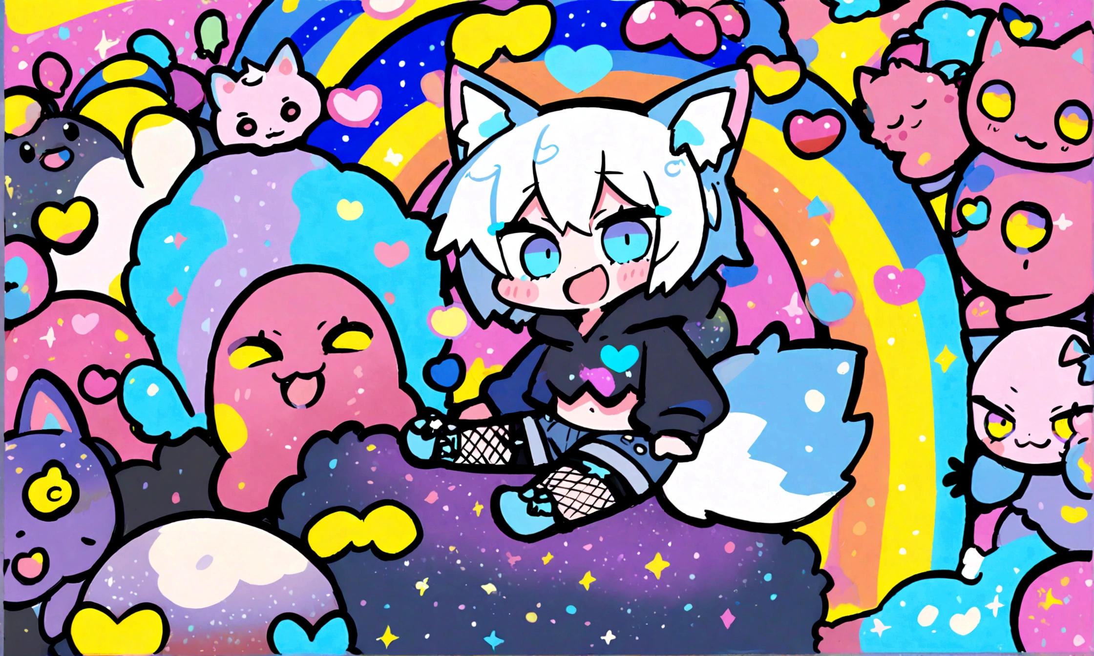 a cute chibi style adult male with wolf ears, white hair, has a wolf tail, wearing a loose cropped oversized black hoodie, wearing a pair of denim short shorts and fishnet stockings, thick thighs, wide hips, dancing on mound of fluffy multi colored kawaii plushies, short, very slim, showing slender tummy, heart on hoodie, squishy thighs, has glowing blue eyes. alone, solo (ALONE)(SOLO), surrounded by rainbows, colorful galaxy backround, big happy open mouthed smile on his face