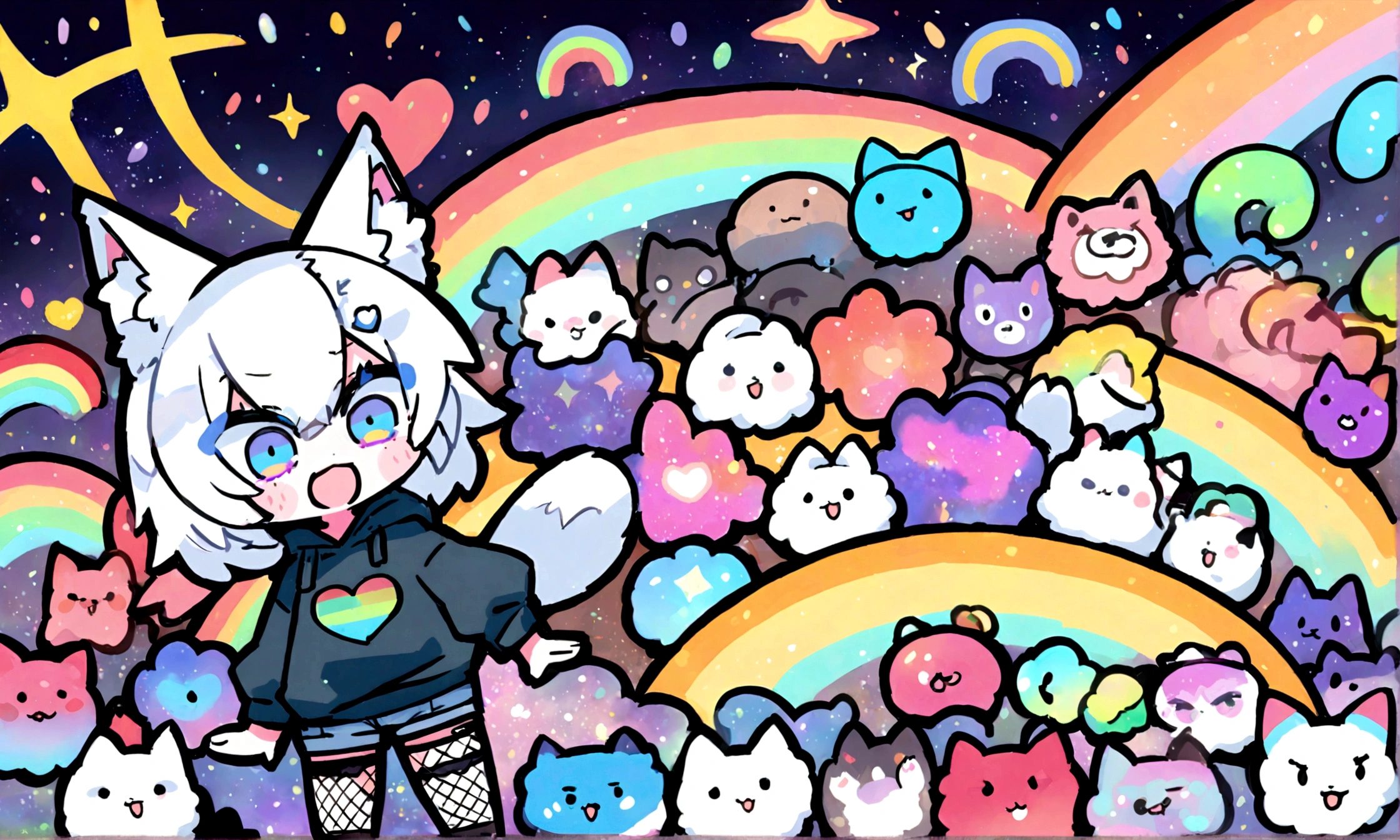 a cute chibi style adult male with wolf ears, white hair, has a wolf tail, wearing a loose cropped oversized black hoodie, wearing a pair of denim short shorts and fishnet stockings, thick thighs, wide hips, dancing on mound of fluffy multi colored kawaii plushies, short, very slim, showing slender tummy, heart on hoodie, squishy thighs, has glowing blue eyes. alone, solo (ALONE)(SOLO), surrounded by rainbows, colorful galaxy backround, big happy open mouthed smile on his face