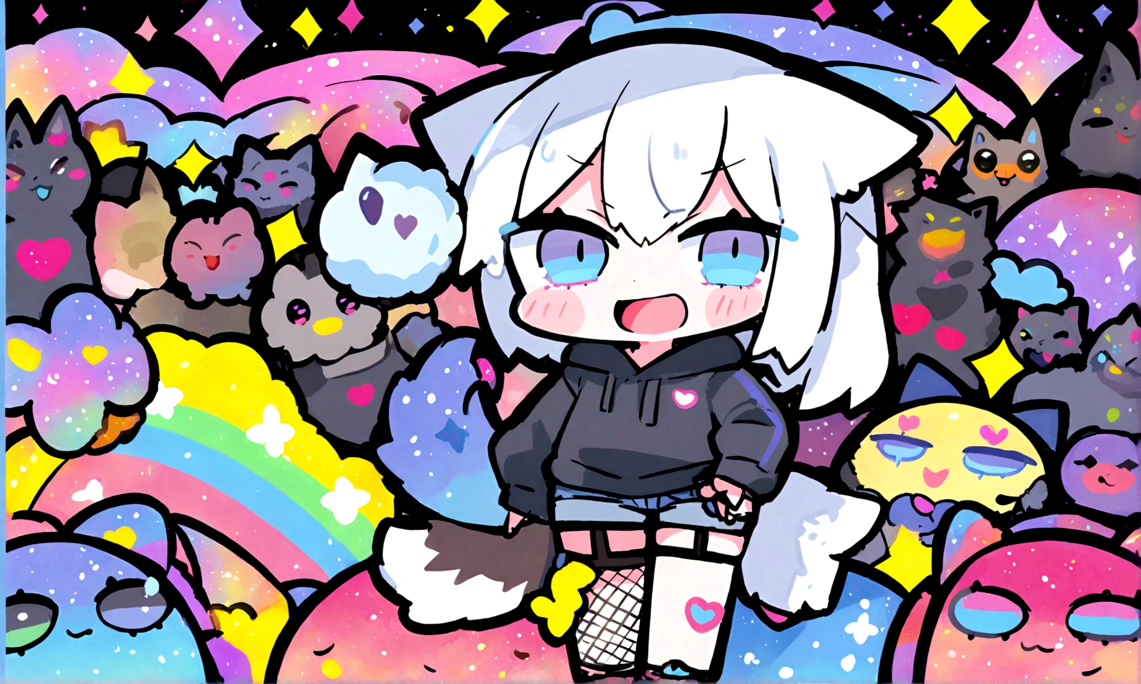 a cute chibi style adult male with wolf ears, white hair, has a wolf tail, wearing a loose cropped oversized black hoodie, wearing a pair of denim short shorts and fishnet stockings, thick thighs, wide hips, dancing on mound of fluffy multi colored kawaii plushies, short, very slim, showing slender tummy, heart on hoodie, squishy thighs, has glowing blue eyes. alone, solo (ALONE)(SOLO), surrounded by rainbows, colorful galaxy backround, big happy open mouthed smile on his face