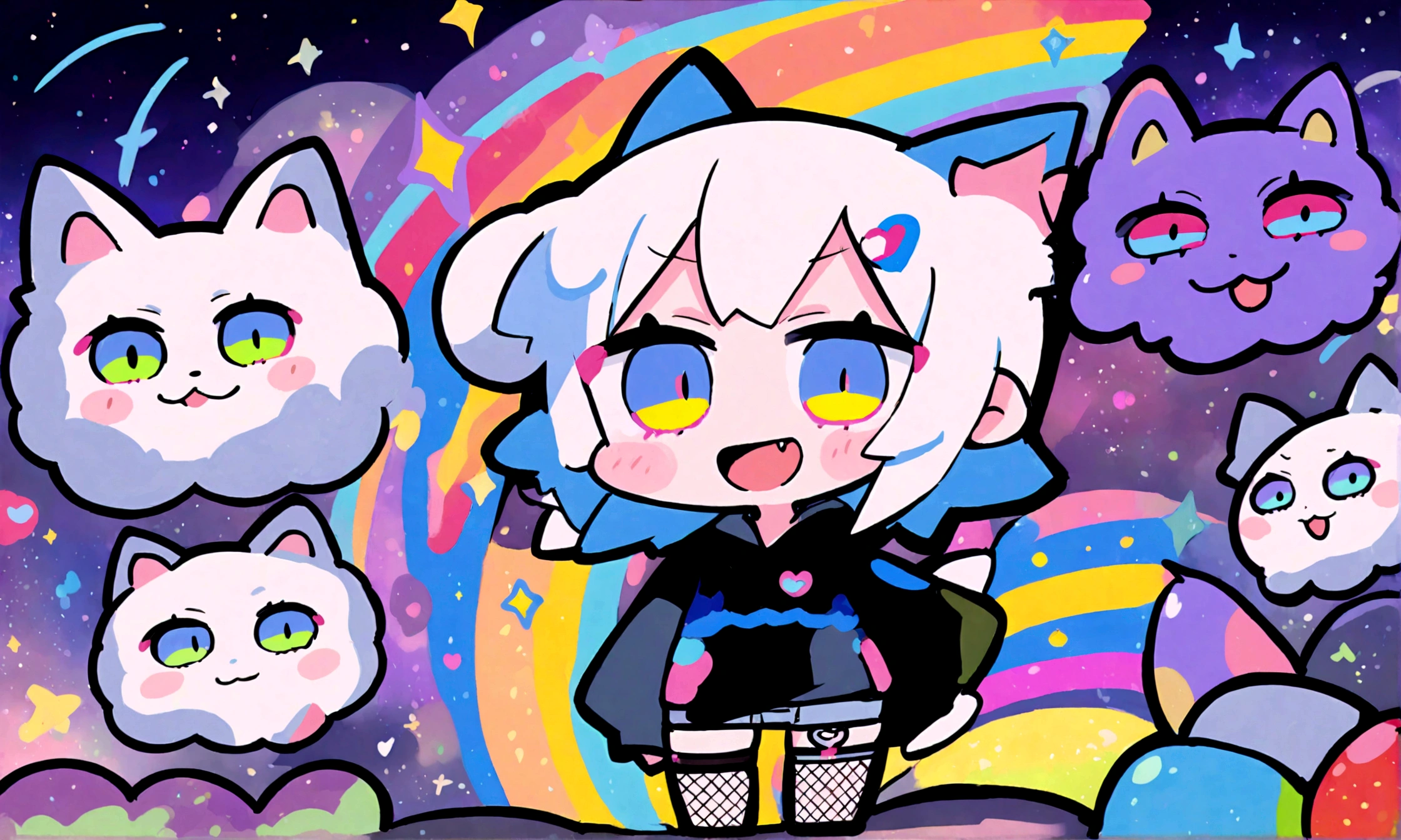 a cute chibi style adult male with wolf ears, white hair, has a wolf tail, wearing a loose cropped oversized black hoodie, wearing a pair of denim short shorts and fishnet stockings, thick thighs, wide hips, dancing on mound of fluffy multi colored kawaii plushies, short, very slim, showing slender tummy, heart on hoodie, squishy thighs, has glowing blue eyes. alone, solo (ALONE)(SOLO), surrounded by rainbows, colorful galaxy backround, big happy open mouthed smile on his face