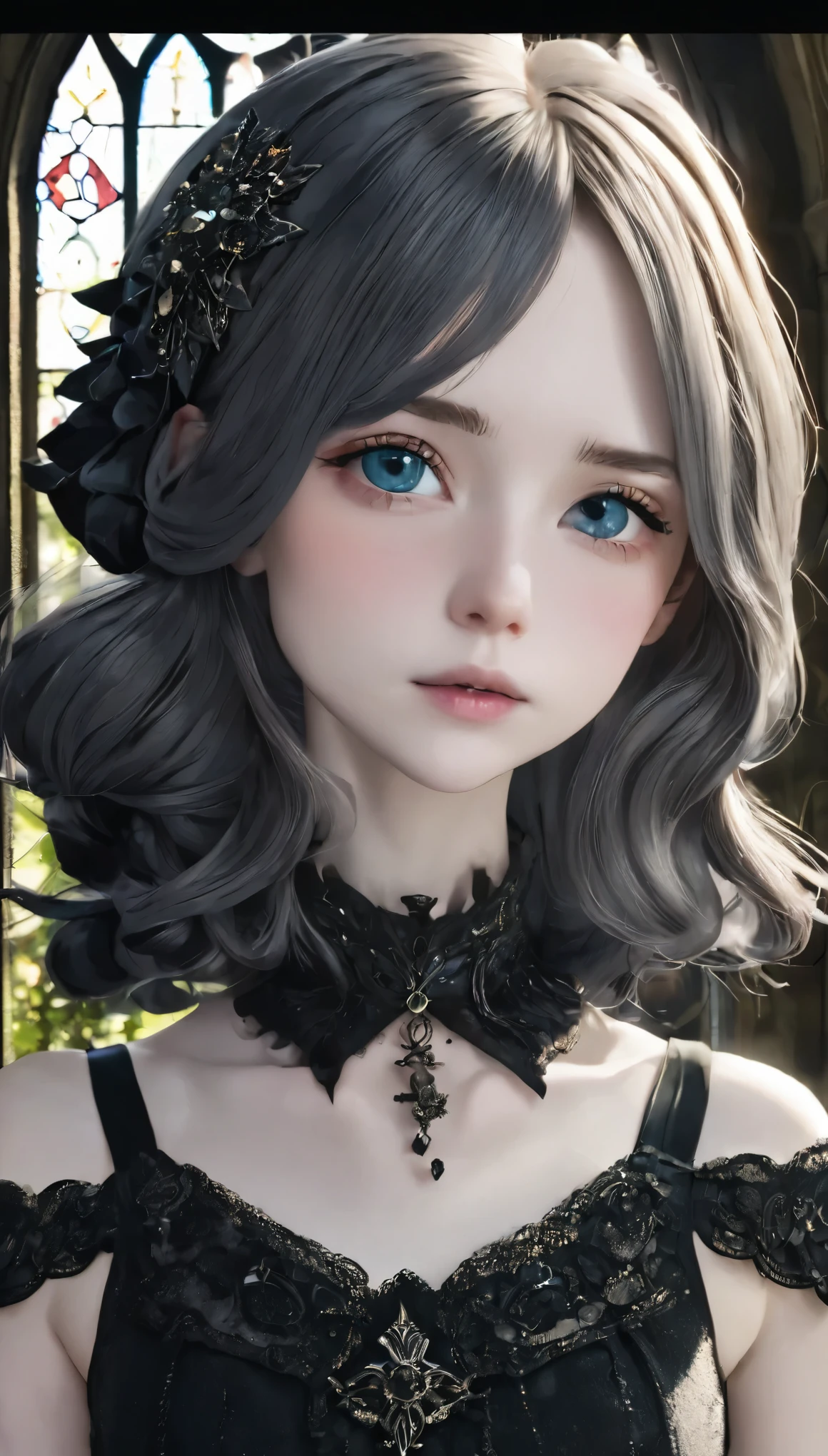 (UHigh resolution, retina, masterpiece, Accurate, Anatomically correct, Textured skin, Super detailed, Attention to detail, high quality, 最high quality, High resolution, 1080p, High resolution, 4K, 8k, 16k), (Beautiful fine details, Beautiful lip detail, Highly detailed eyes and face), Studio Lighting, Physically Based Rendering, Vibrant colors, (Gothic Dress), (Portraiture, Shiny Hair, Shiny skin), [Stained Glass Windows, Bokeh], (incline one's head to the side:1.5), Eye Reflexes, (blush:1.5), (Gothic art, Pale skin, From above:1.5), Monochrome,
