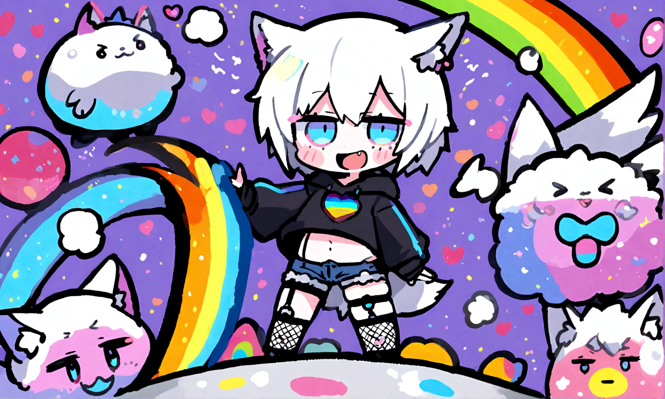 a cute chibi style adult male with wolf ears, white hair, has a wolf tail, wearing a loose cropped oversized black hoodie, wearing a pair of denim short shorts and fishnet stockings, thick thighs, wide hips, dancing on mound of fluffy multi colored kawaii plushies, short, very slim, showing slender tummy, heart on hoodie, squishy thighs, has glowing blue eyes. alone, solo (ALONE)(SOLO), surrounded by rainbows, colorful galaxy backround, big happy open mouthed smile on his face