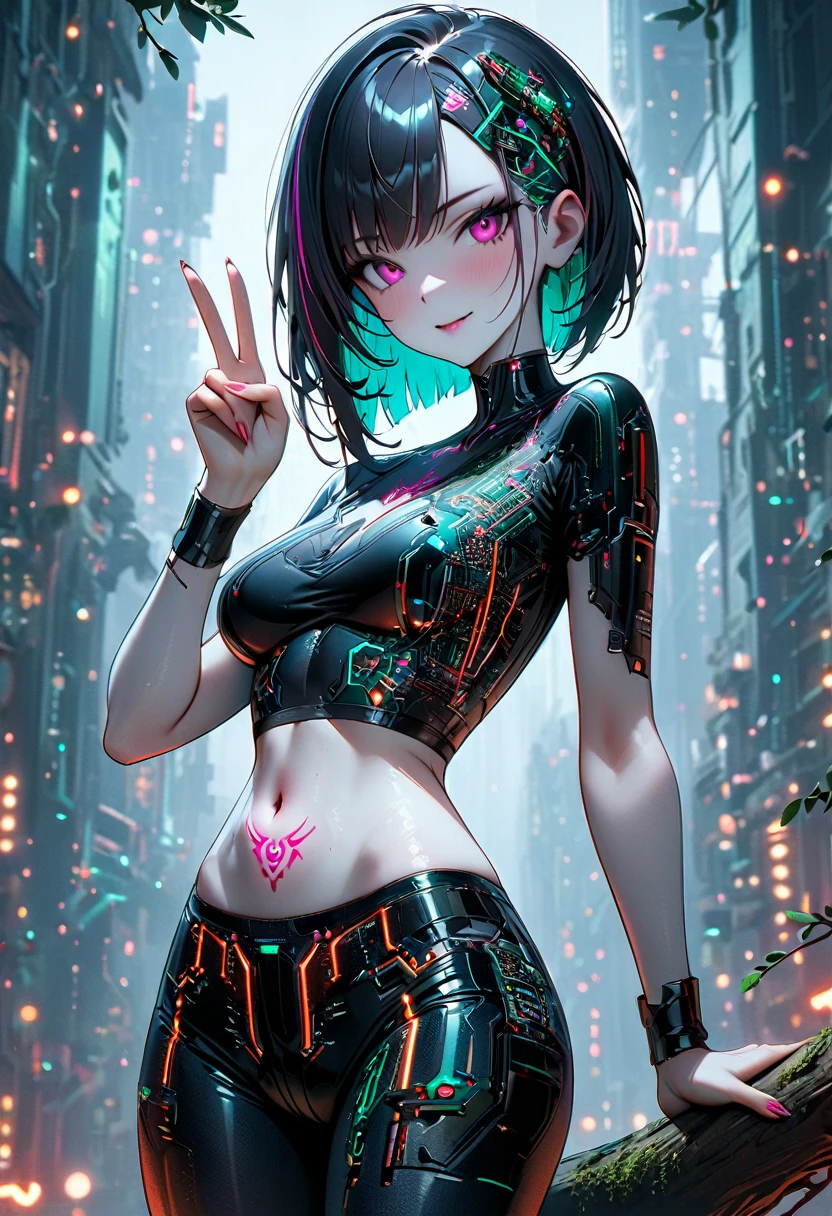 beautiful cyberpunk girl wearing a Futuristic Hair accessories, (Delicate skin), Pale skin, in a deep neckline black crop top made of circuit boards, Navel tattoo, highly detailed sexy Futuristic cyberpunk underpants, on branch, v, Cybernetics, Japanese words with glitter effect, Beautiful epic work, Futuristic, masterpiece, Sensual, is attractive, group photo