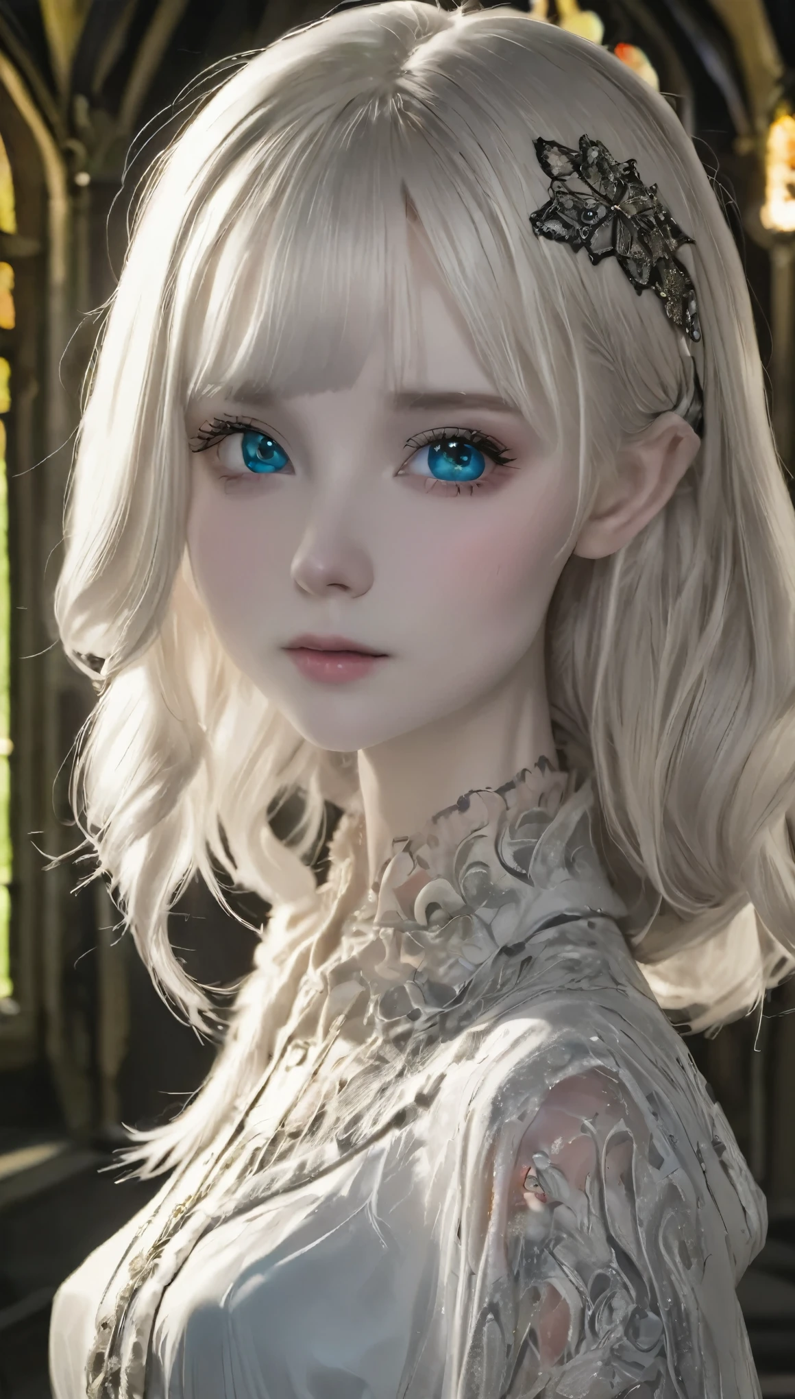 (UHigh resolution, retina, masterpiece, Accurate, Anatomically correct, Textured skin, Super detailed, Attention to detail, high quality, 最high quality, High resolution, 1080p, High resolution, 4K, 8k, 16k), (Beautiful fine details, Beautiful lip detail, Highly detailed eyes and face), Studio Lighting, Physically Based Rendering, Vibrant colors, (Gothic Dress), (Portraiture, Shiny Hair, Shiny skin), [Stained Glass Windows, Bokeh], (incline one's head to the side:1.5), Eye Reflexes, (blush:1.5), (Gothic art, Pale skin, From above:1.5), Monochrome,