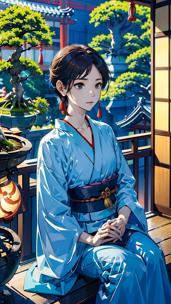 (((古い日本家屋のbalconyに座る、Bonsai in the garden:1.1)))、A girl、Perfect anatomical structure、Sexual、Gentle expression、Very subtle、balcony、balcony、Floral、Delicate depiction、Abstract、Overall light color、Soft colors、Japanese Clothing、besides、Taisho Romance、(masterpiece、best quality、best quality、Official Art、Pretty and pretty:1.2)