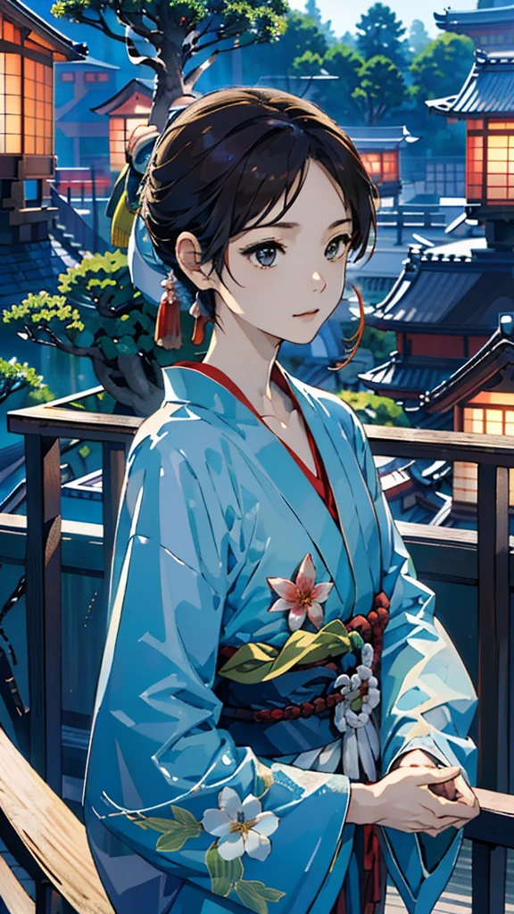 (((古い日本家屋のbalconyに座る、Bonsai in the garden:1.1)))、A girl、Perfect anatomical structure、Sexual、Gentle expression、Very subtle、balcony、balcony、Floral、Delicate depiction、Abstract、Overall light color、Soft colors、Japanese Clothing、besides、Taisho Romance、(masterpiece、best quality、best quality、Official Art、Pretty and pretty:1.2)