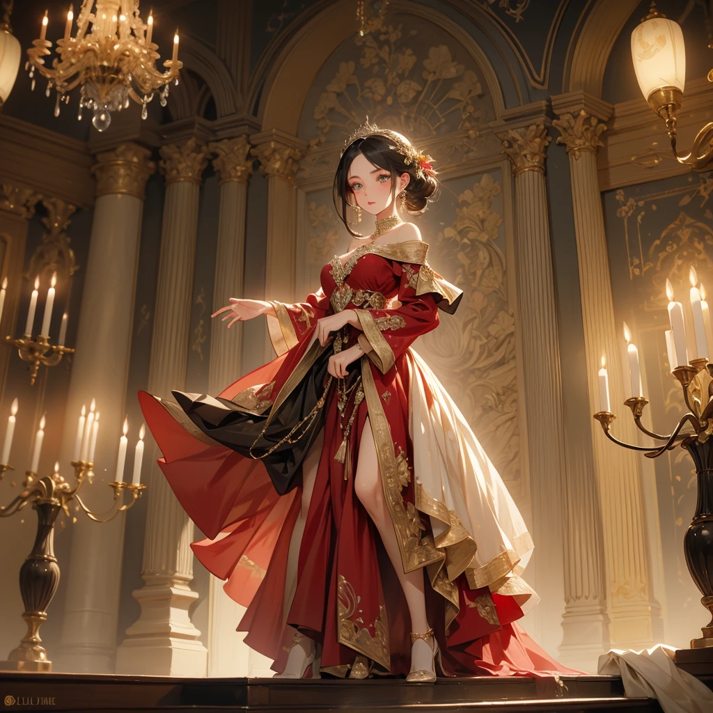 An enchanting artwork of a graceful female dancer standing in an opulent palace hall. The full-body view showcases her in flowing, vibrant red and gold attire, exuding an aura of passionate elegance and mesmerizing charm. Her sleek, raven hair frames a face of exquisite beauty, highlighted by expressive hazel eyes that radiate emotion and artistry. She holds a pair of fans, intricately designed and glowing with rhythmic energy, adding to her captivating presence. The scenery around her is a lavish palace hall with ornate decorations and a grand chandelier. The warm candlelight and the soft melodies of a distant lute enhance the atmosphere of artistic splendor, creating a scene of graceful beauty.
