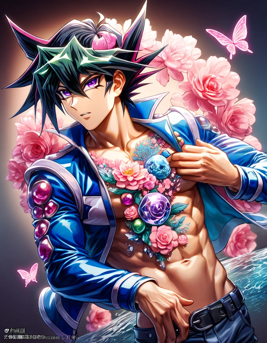 absurdres, highres, ultra detailed, HDR, master piece, best quality, Fudo Yusei, black hair, expressive purple eyes, Yu-Gi-Oh, solo, sexy man, handsome, toned chest, blue jacket, black shirt, water, pink flowers, pink blossoms, pink butterflies, pink petals