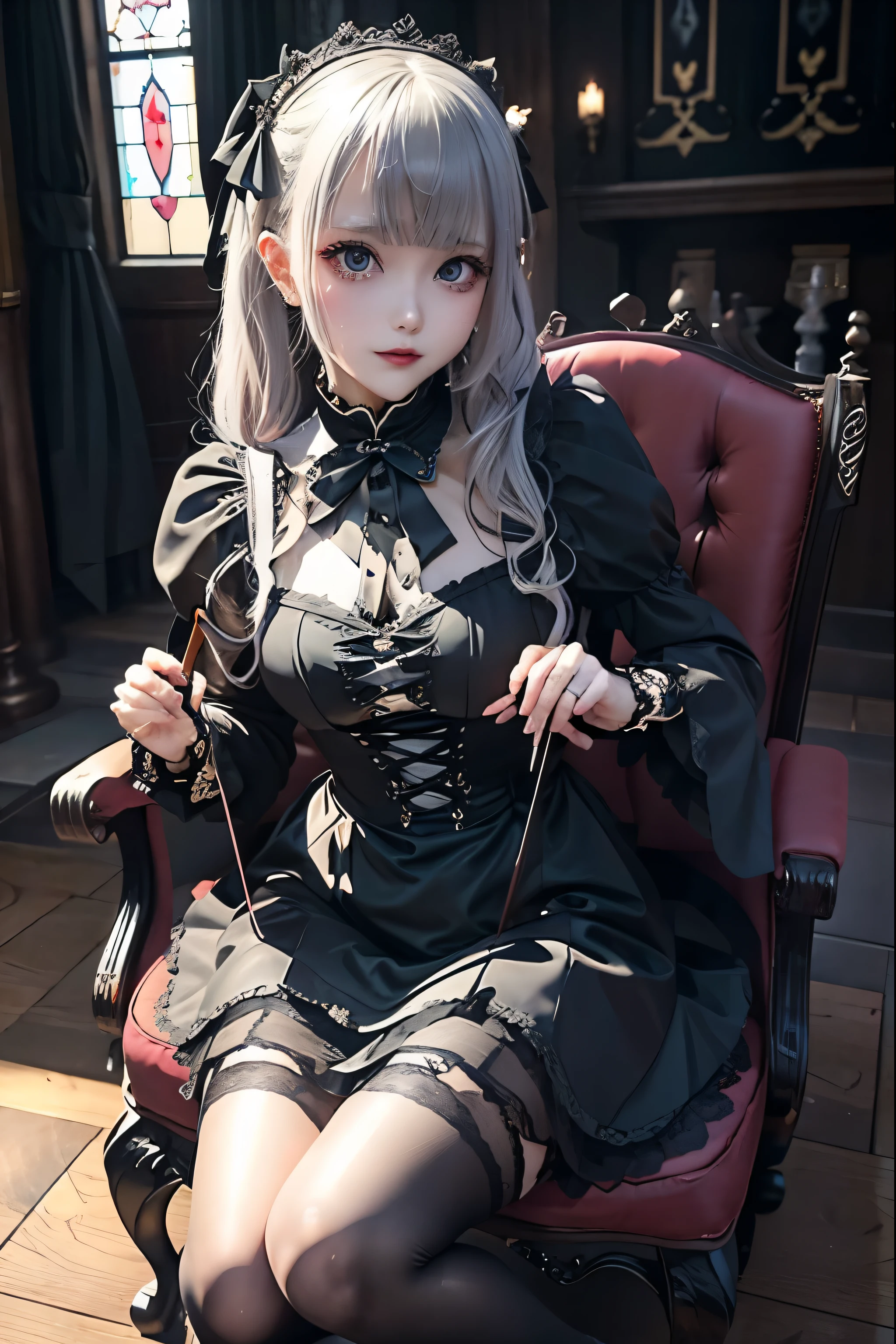 Hard Dark Gothic Makeup、Deep Night Sky、Horror、Black dark eyeshadow、sad、Good skin radiance、Dark Gothicメイク、Dark smile、palace、24-years-old、Embarrassed look、Dark Gothic、Obscene language、highest quality、Drunk face、紫のMaid clothes、Mysterious、Noble、sexy、Loving smile、Right blue eye, Left eye is red、Platform Heel Shoes、Heavy makeup、Gothic Lolita Clothing、Silver Hair、Long Hair Straight Hair、Cute Gothic Lolita Dress、Beautiful Face、elegant features、Fascinating face、Stained glass is the background、Chest glistening with sweat、The room is dark、gothic long dress、Bell Sleeves、Wizard Sleeve、Decadent look、Sexually excited expression、Glossy thighs wet with water、Thighs that are wet and shiny with oil、Background of a room full of roses、The embroidery is pink、The dress has pink embroidery、Thigh-high socks、Knee-high socks、Gentle expression、Dark black eyeshadow、Stained glass and rose background、Female Duo、Female couple、dark church background、Stained glass、Black metal world、Dark Castle、Slender body、gothic long dress、Maid clothes、Victorian dresses、Her thighs glisten with sweat、My body is wet and shiny、Lots of glitter on the thighs、My thighs are sticky from sweating、Sweat glistens on the thighs, The whole body is sweaty and shiny、Quite sweaty、My thighs are sweaty、My thighs are so wet、My thighs are shining with sweat、A lot of sweat glistens all over the body、Small breasts、Orchestra StageStage、Dynamic Angle、sitting on a gothic chair、Play the violin gracefully、With a violin、Press the violin strings、violinist、orchestra performance、Thin thighs、slender、Violin body and strings、Sit on a chair、pantyhose、
