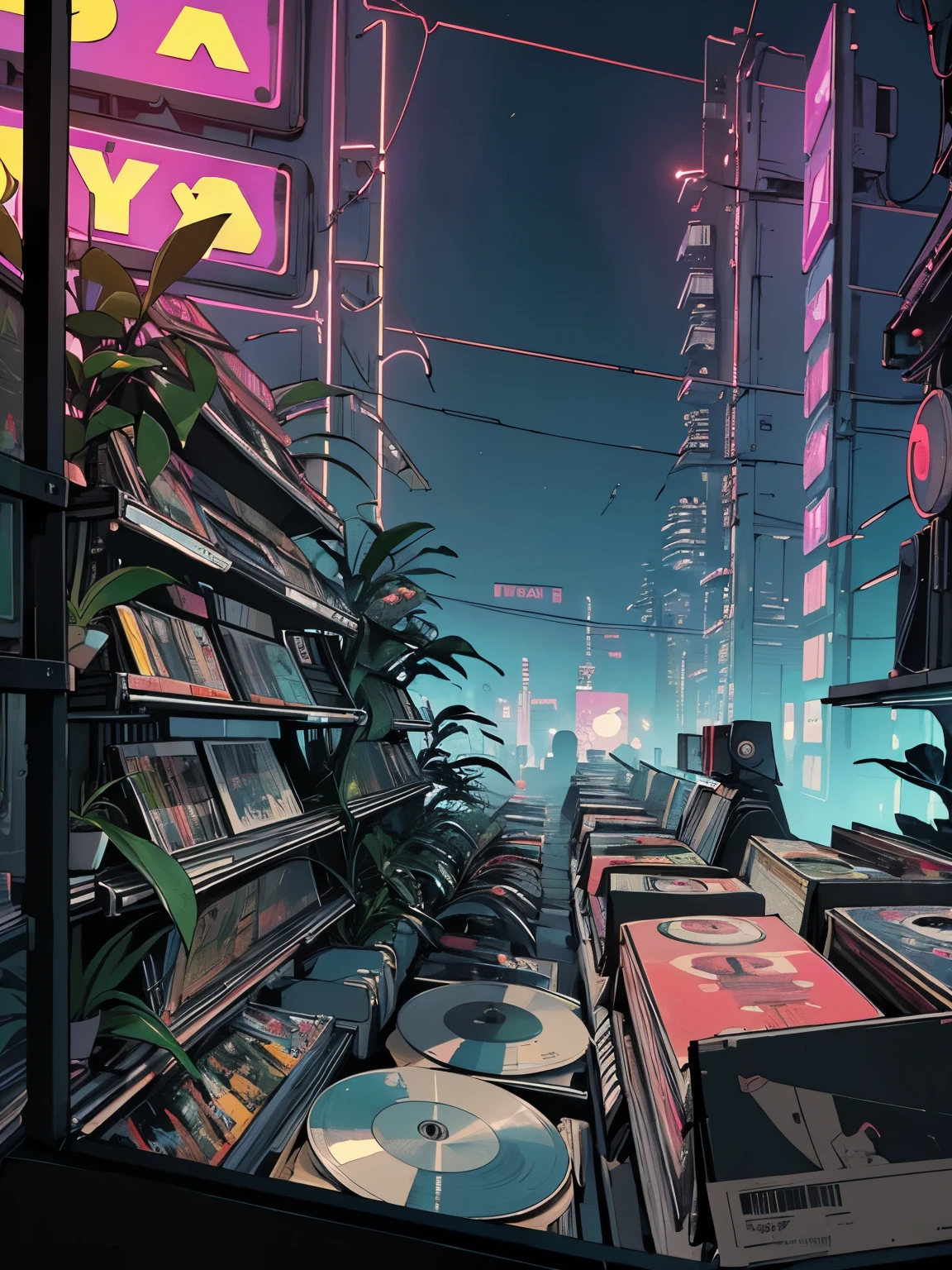 extreme quality, masterpiece, unity 8k wallpaper, depth of field, ultra detailed,high-resolution, (((unattended))), (((record store))), nostalgia, panorama, long shot, (((records on the shelves.))),  (((Various angles))),(((Plants))), (((cyberpunk))),  (((neon))),(((front view)))