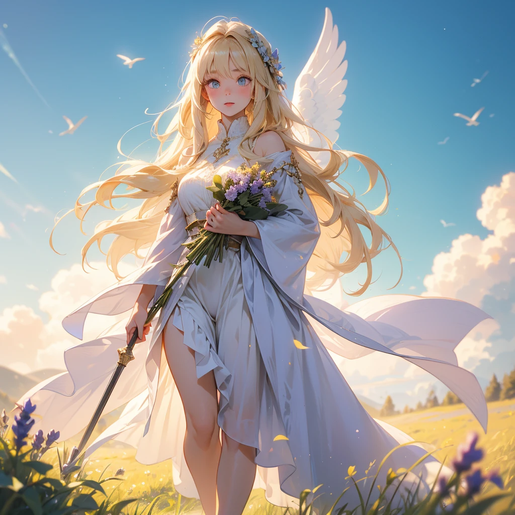 A radiant artwork of a benevolent female healer standing in a serene mountain meadow. The full-body view showcases her in soft, flowing white and lavender robes, exuding an aura of compassionate kindness and gentle grace. Her wavy, golden hair frames a face of angelic beauty, highlighted by warm amber eyes that radiate healing light and soothing calm. She holds a staff, delicately adorned and glowing with nurturing energy, adding to her serene presence. The scenery around her is a peaceful mountain meadow with wildflowers and a clear blue sky. The gentle breeze rustling through the grass and the sound of birdsong enhance the atmosphere of tranquil harmony, creating a scene of peaceful solace.