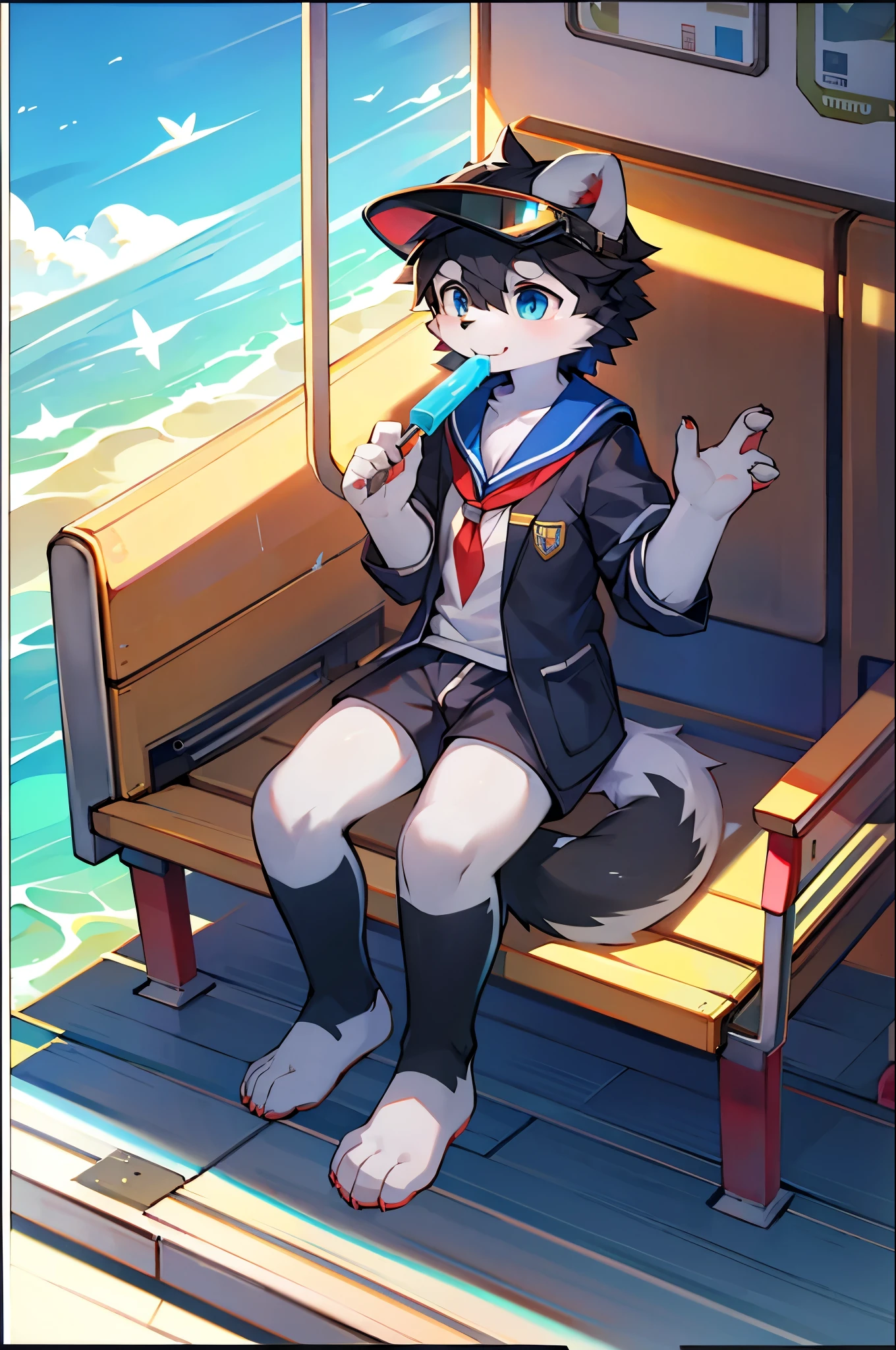 Border collie boy,high school student,uniform,Age 15 years old,go to school by train,tail, 4K ultra-vivid,High resolution,alone, wear, visor, Licking a popsicle, summer,
