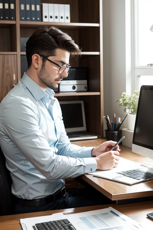 Create an image of an Accountant Working in his office.