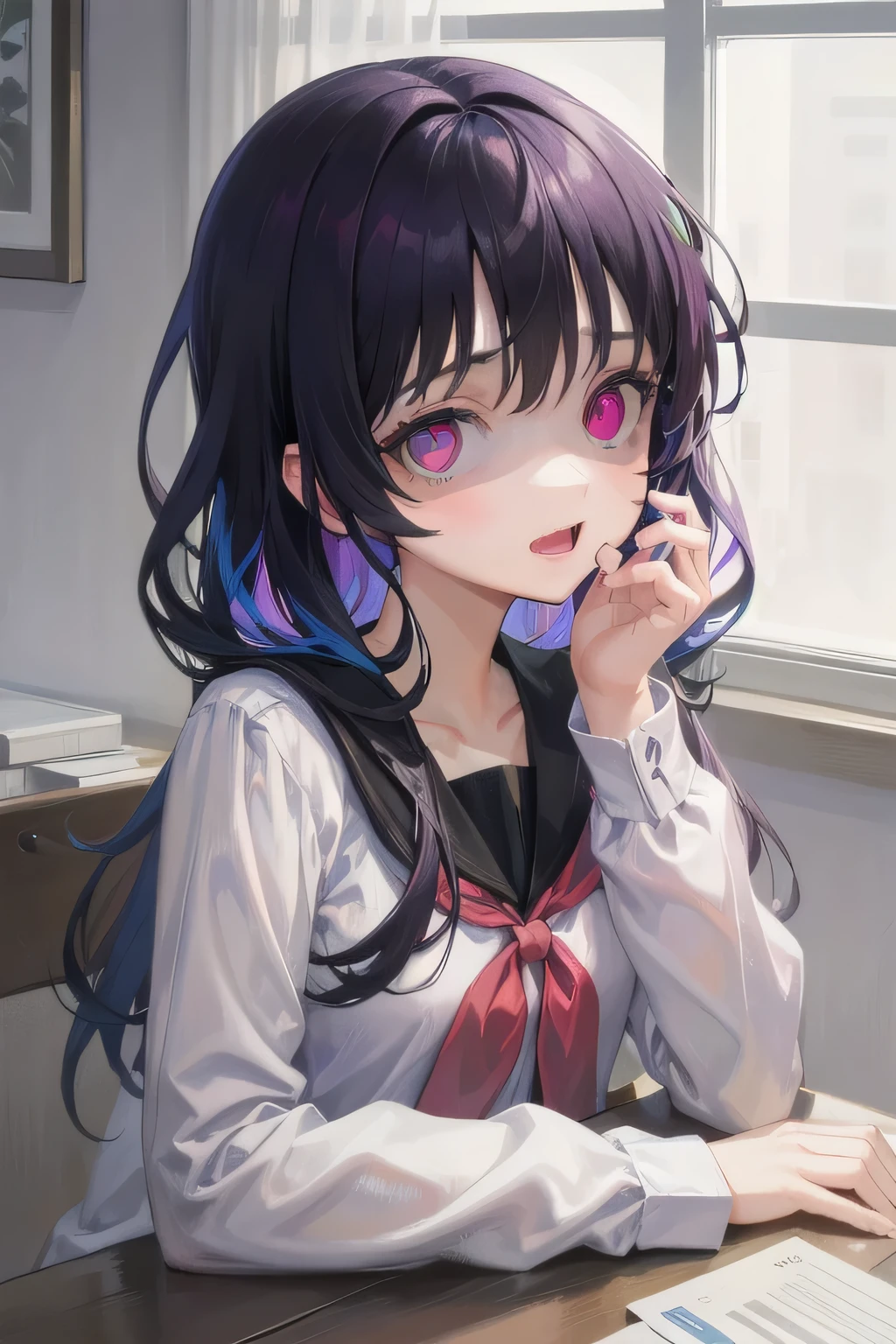 (Tabletop:1.0), (highest quality:1.4), (High resolution:1.2), From the side,Sharp contours, boyish, highest quality, masterpiece,Glasses,Voice of the Heart,yandere,Browsing Caution,nude,facial,Excessive ,Chest to chest,Upper Body,Ecstasy,saliva,blush,Heterochromia iridis,Colorful Hair