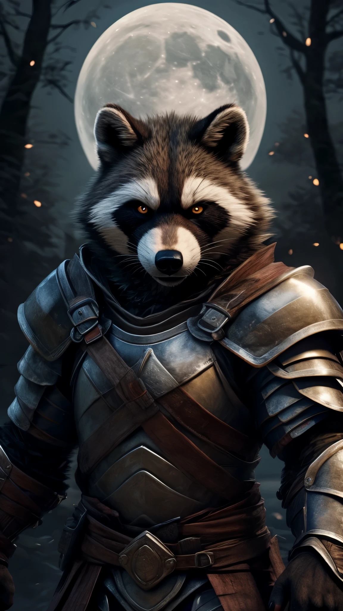 a warrior raccoon looking at the viewer with a serious expression, golden eyes, the background of a night forest with a full moon, wearing a knight's armor, blood on the face, digital art