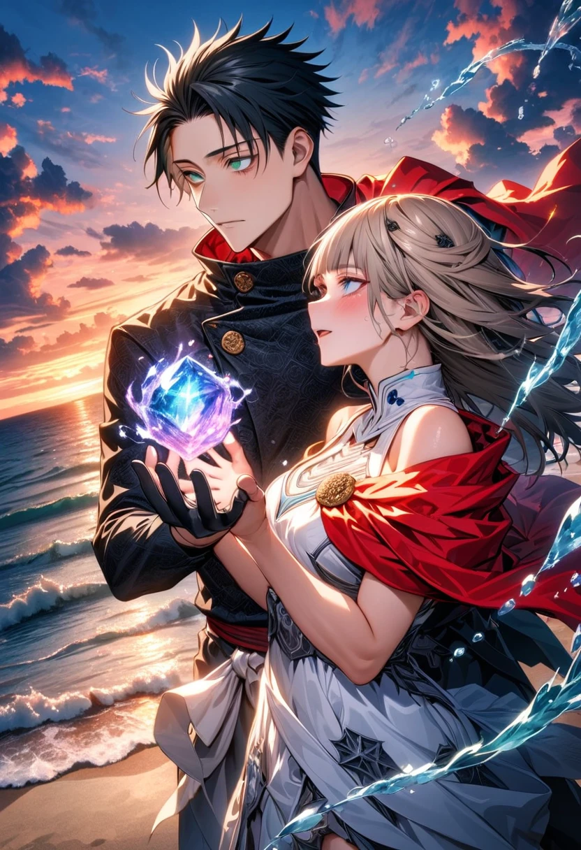 Ultra detailed, highres, absurdres, HDR, master piece, Okkotsu Yuuta, black hair, expressive dark blue eyes, Aida, ash blond hair with bangs, green eyes, white fantasy dress with black patterns, red cape, Jujutsu Kaisen, fantasy, sunset, beach, water, black ribbon on her hair, black gloves, a handsome man together with a beautiful woman, sexy, couple, love, magic, best quality