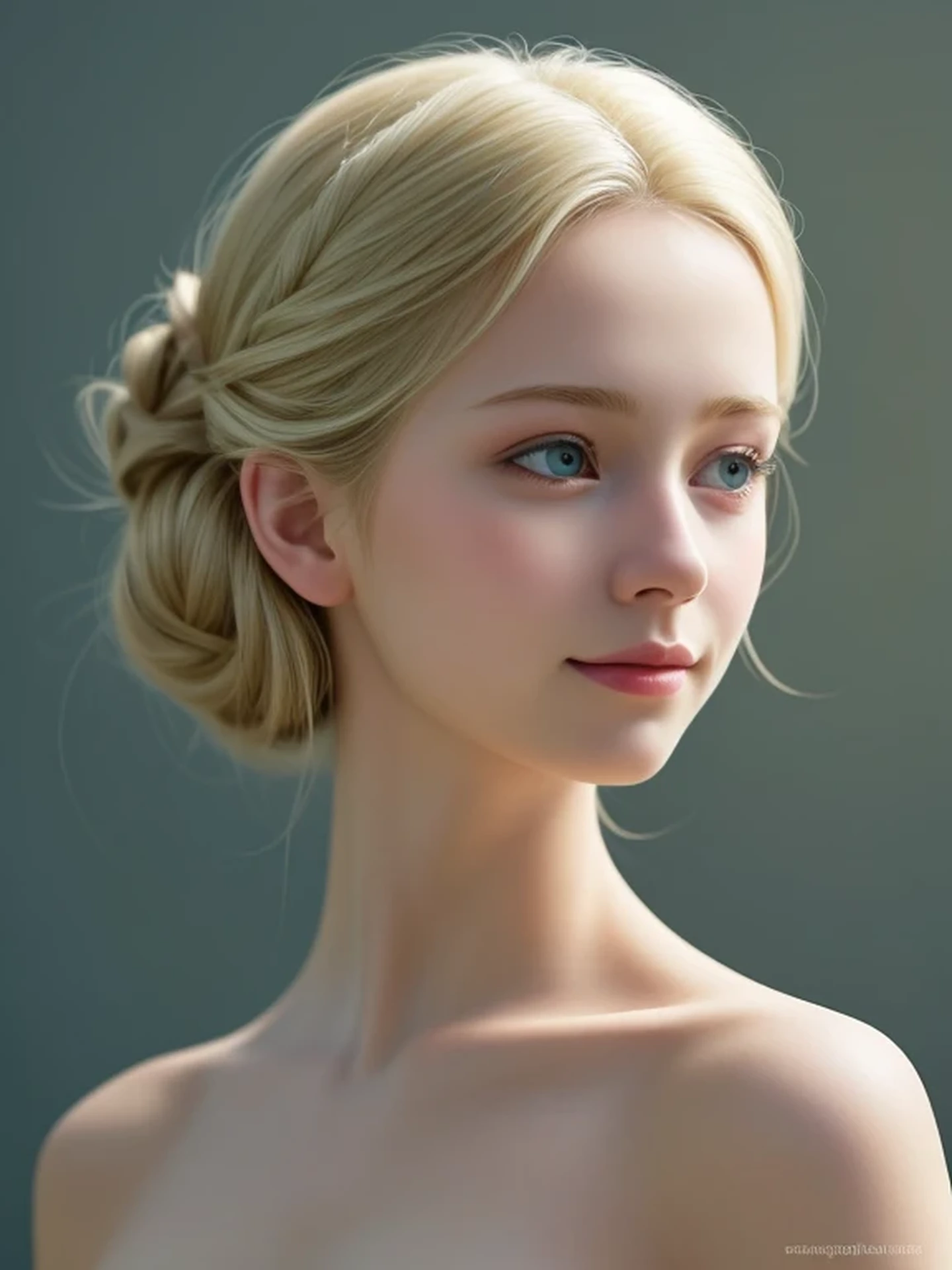(looking away:1.4), Realistic digital painting of a woman portrait, Shy,  Cute Smile, blue eyes, half updo, (Soft Blonde Hair:1.3), (Highly detailed skin:1.2), Mystical style, Global Illumination,