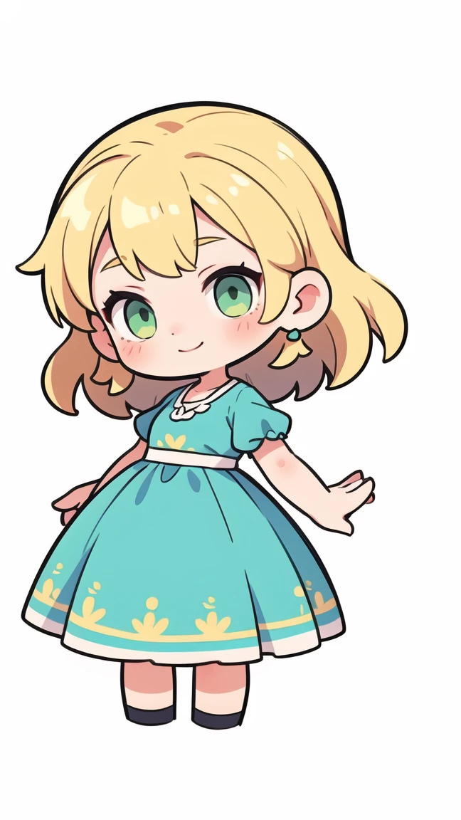 simple chibi style drawing of a cute girl smiling, wearing a blue dress, blonde hair and green eyes