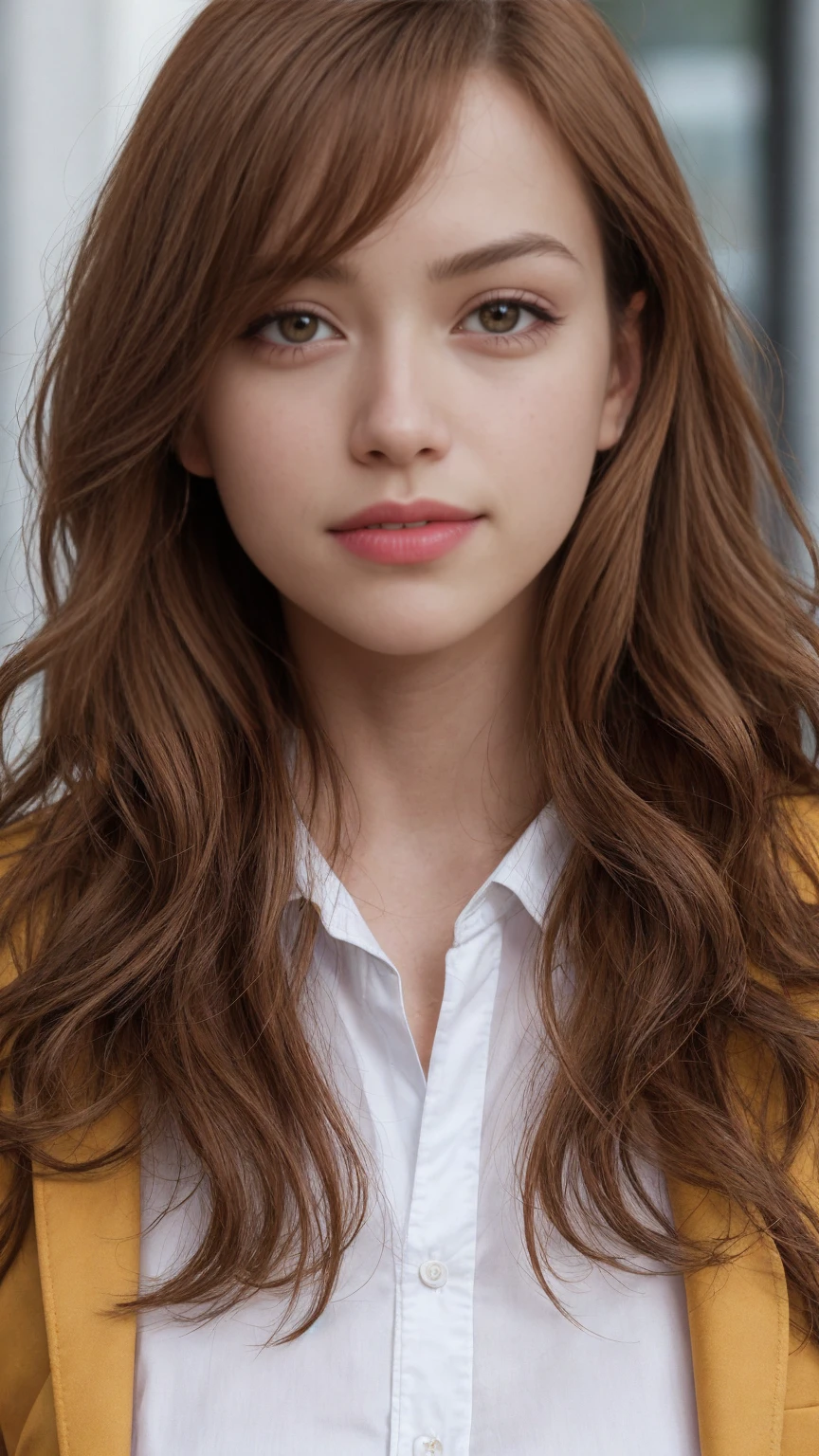 masterpiece, realistic, detailed eyes, beautiful, looking at the viewer, natural lighting, depth of field, film grain, wrinkled skin, 24yo, female, solo, wavy long red viola hair, yellow brown eyes, brown skin, red lips, formal white shirt with black jackets , freckles, smile, lips, upper body, Portrait, Close-up, Front view, Exterior