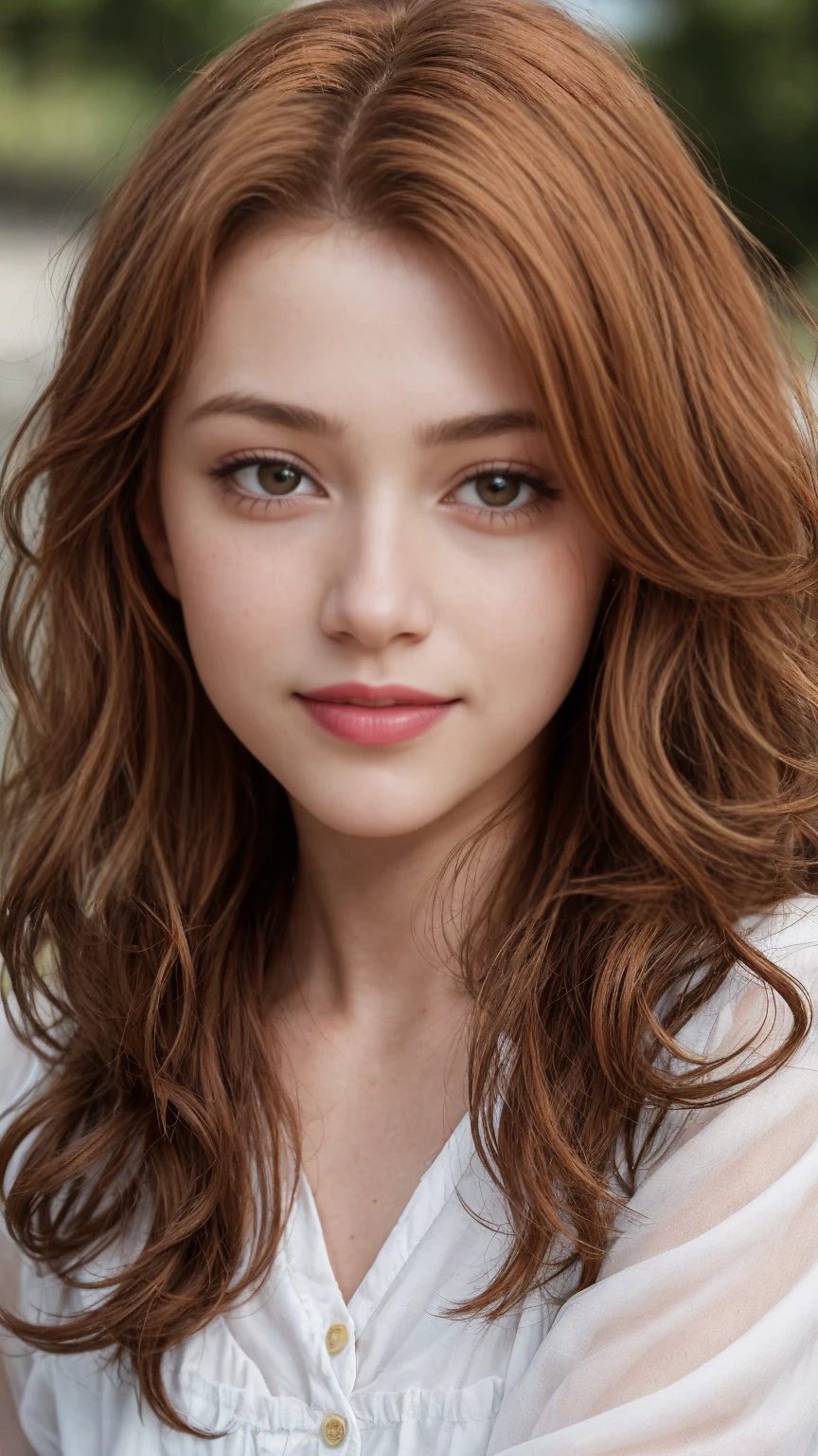 masterpiece, realistic, detailed eyes, beautiful, looking at the viewer, natural lighting, depth of field, film grain, wrinkled skin, 24yo, female, solo, wavy long red viola hair, yellow brown eyes, brown skin, red lips, formal white shirt with black jackets , freckles, smile, lips, upper body, Portrait, Close-up, Front view, Exterior